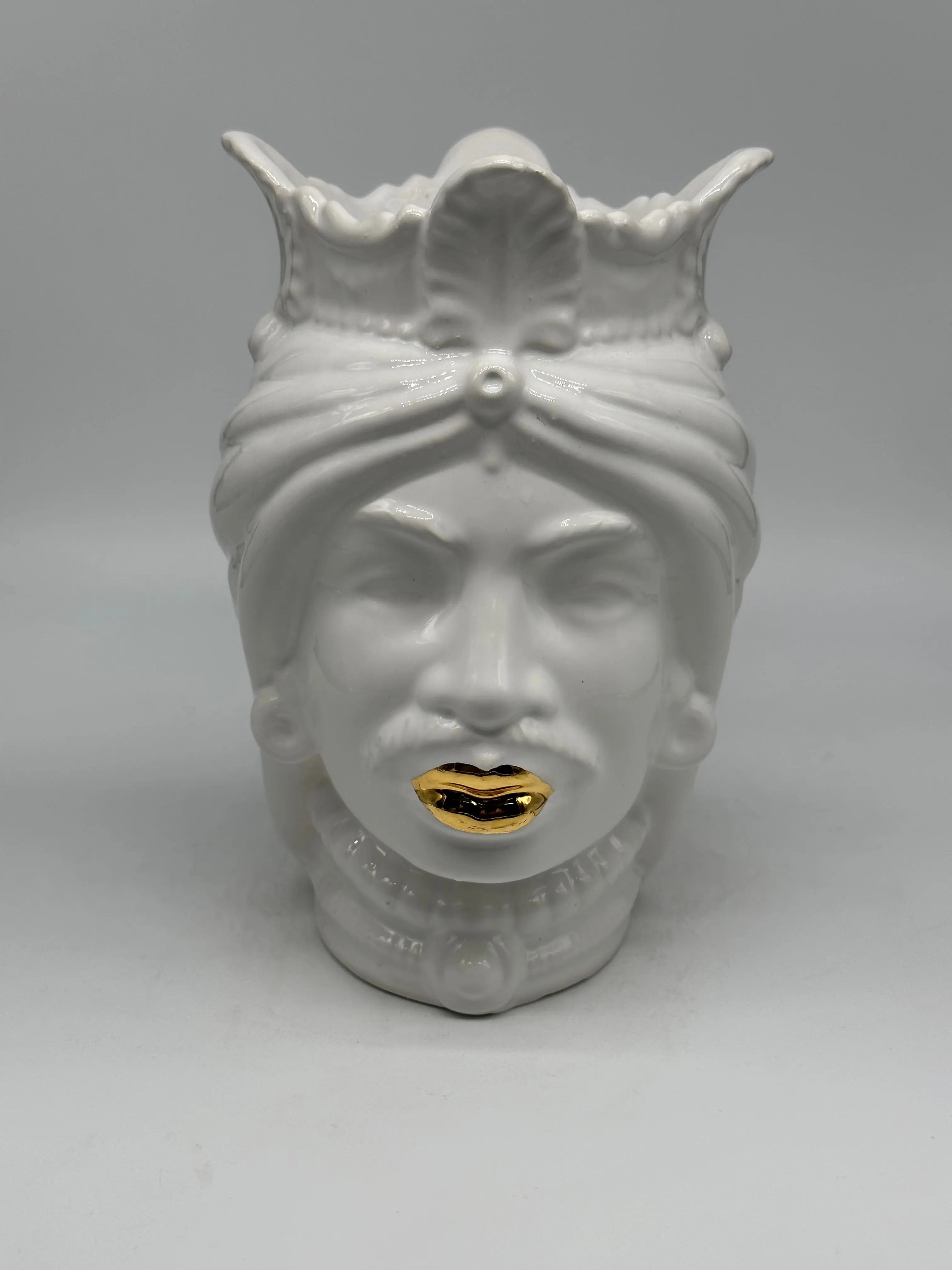 FINE SERIE - Testa di Moro Afro Uomo Ceramica Caltagirone cm H.25 L.17 Artigianale Bianco dettagli Oro DD CERAMICHE SICILIANE