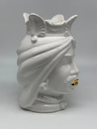 FINE SERIE - Testa di Moro Afro Uomo Ceramica Caltagirone cm H.25 L.17 Artigianale Bianco dettagli Oro DD CERAMICHE SICILIANE