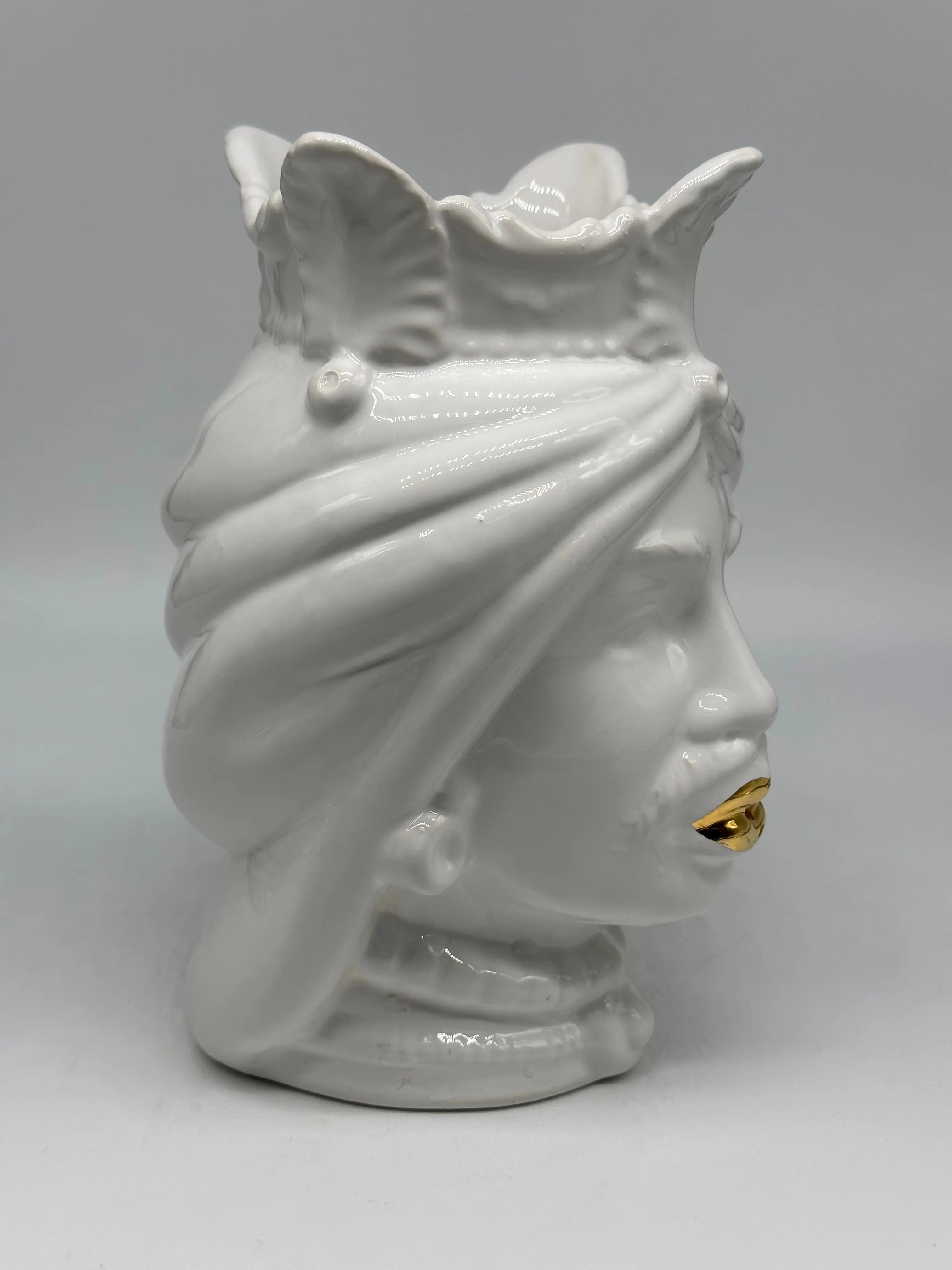 FINE SERIE - Testa di Moro Afro Uomo Ceramica Caltagirone cm H.25 L.17 Artigianale Bianco dettagli Oro DD CERAMICHE SICILIANE