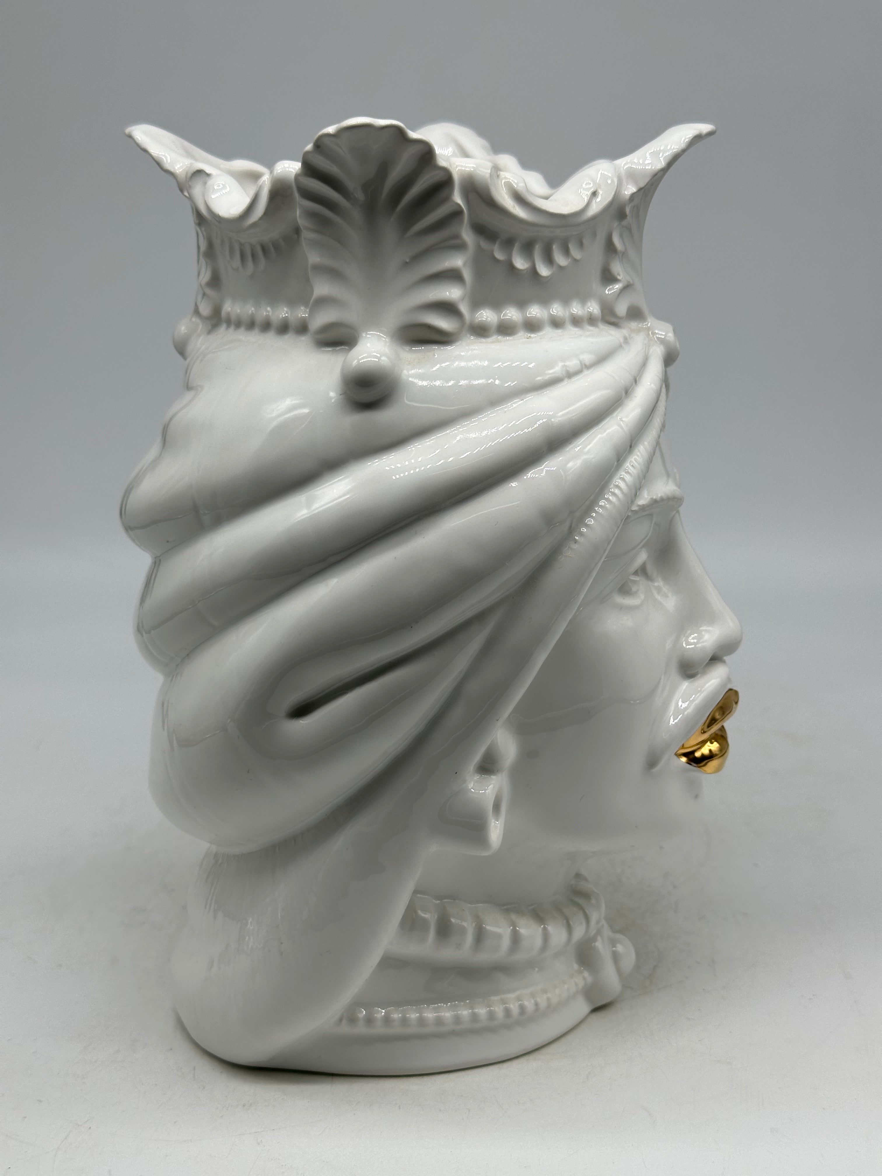 FINE SERIE - Testa di Moro Afro Uomo Ceramica Caltagirone cm H.25 L.17 Artigianale Bianco dettagli Oro - Uomo - TESTE