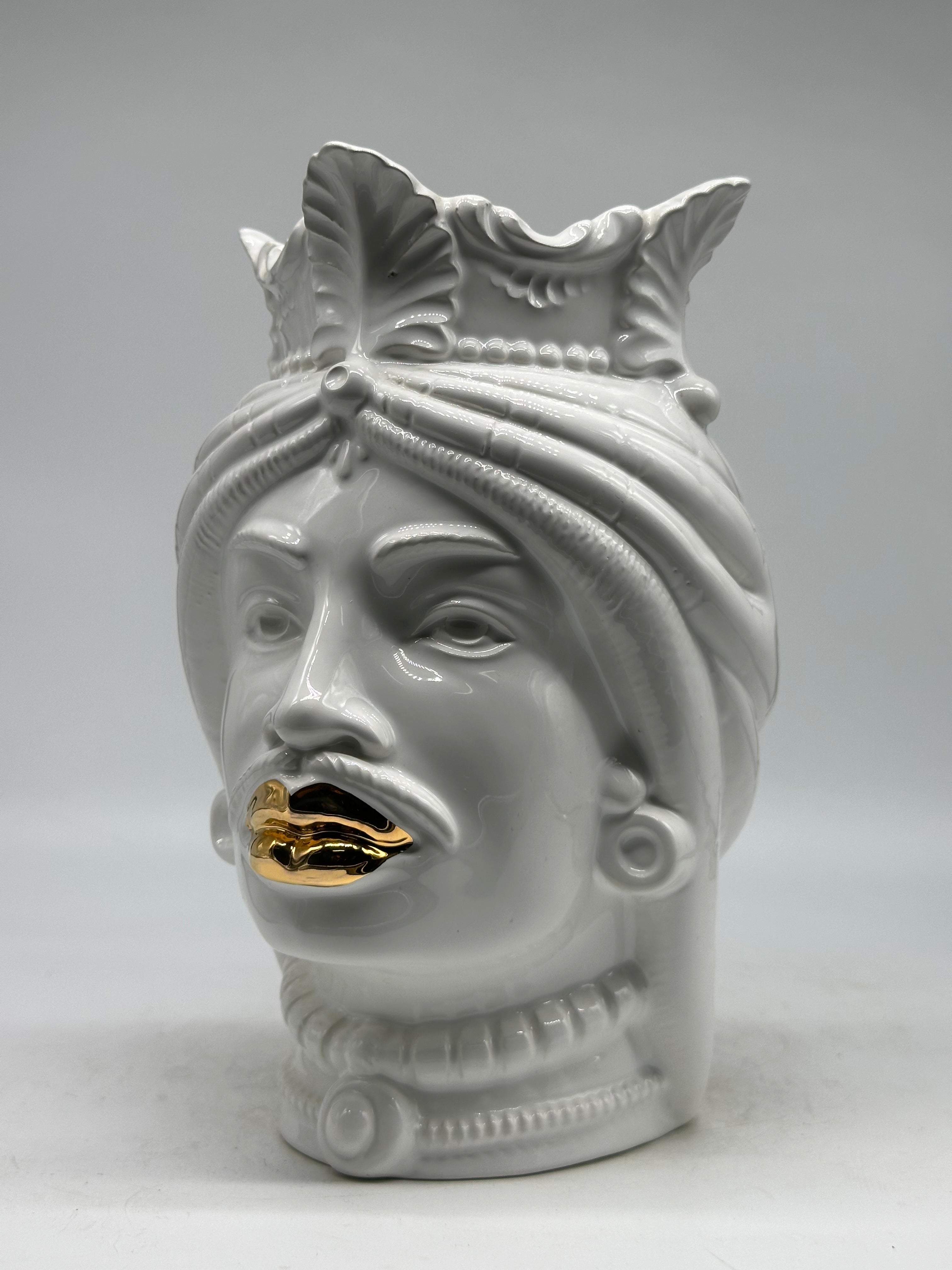 FINE SERIE - Testa di Moro Afro Uomo Ceramica Caltagirone cm H.25 L.17 Artigianale Bianco dettagli Oro - Uomo - TESTE