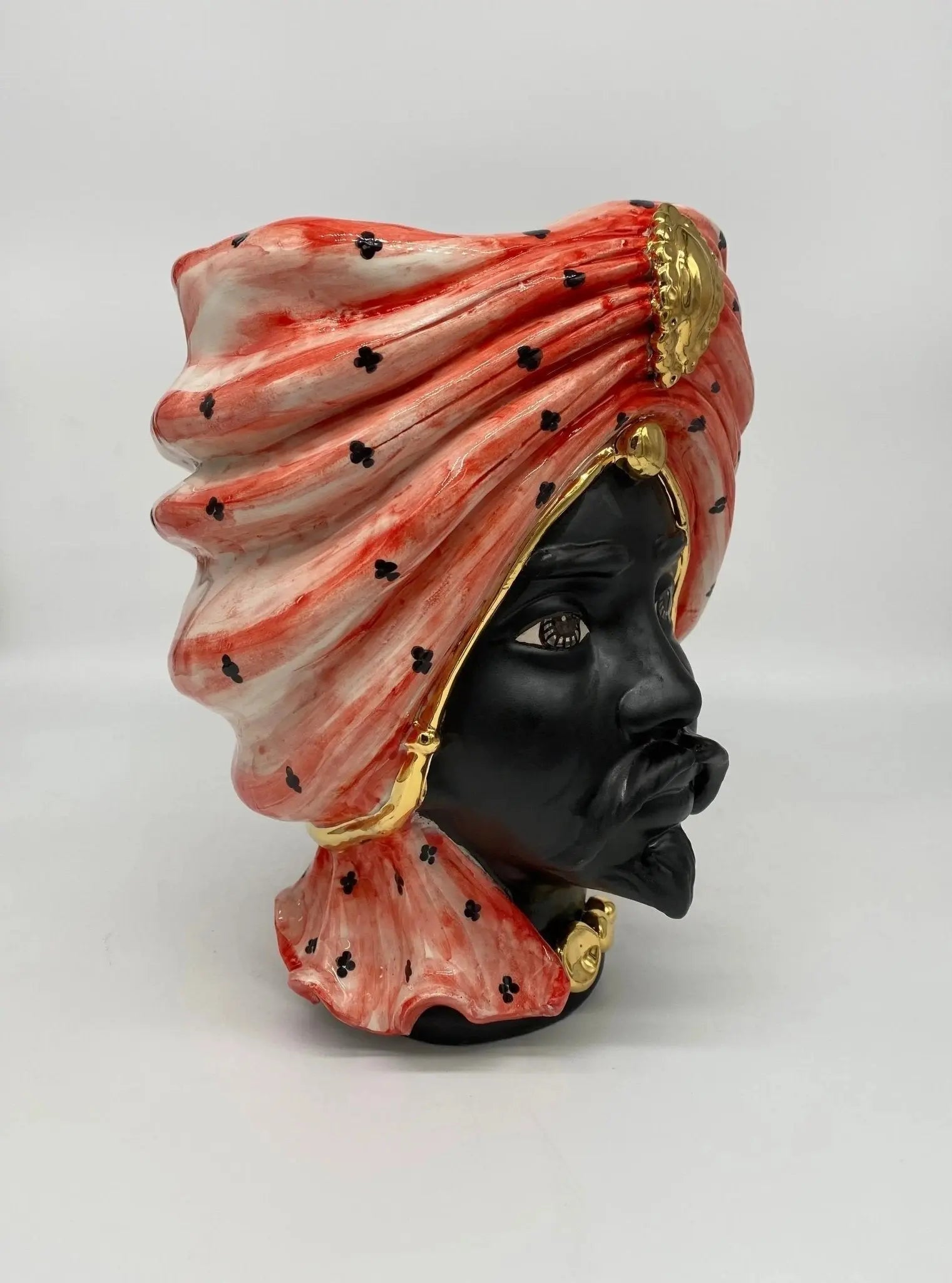 FINE SERIE - Testa di Moro Atena Ceramica Caltagirone cm H.24 L.18 Artigianale Rosso Pois Nero Oro - Uomo - TESTA
