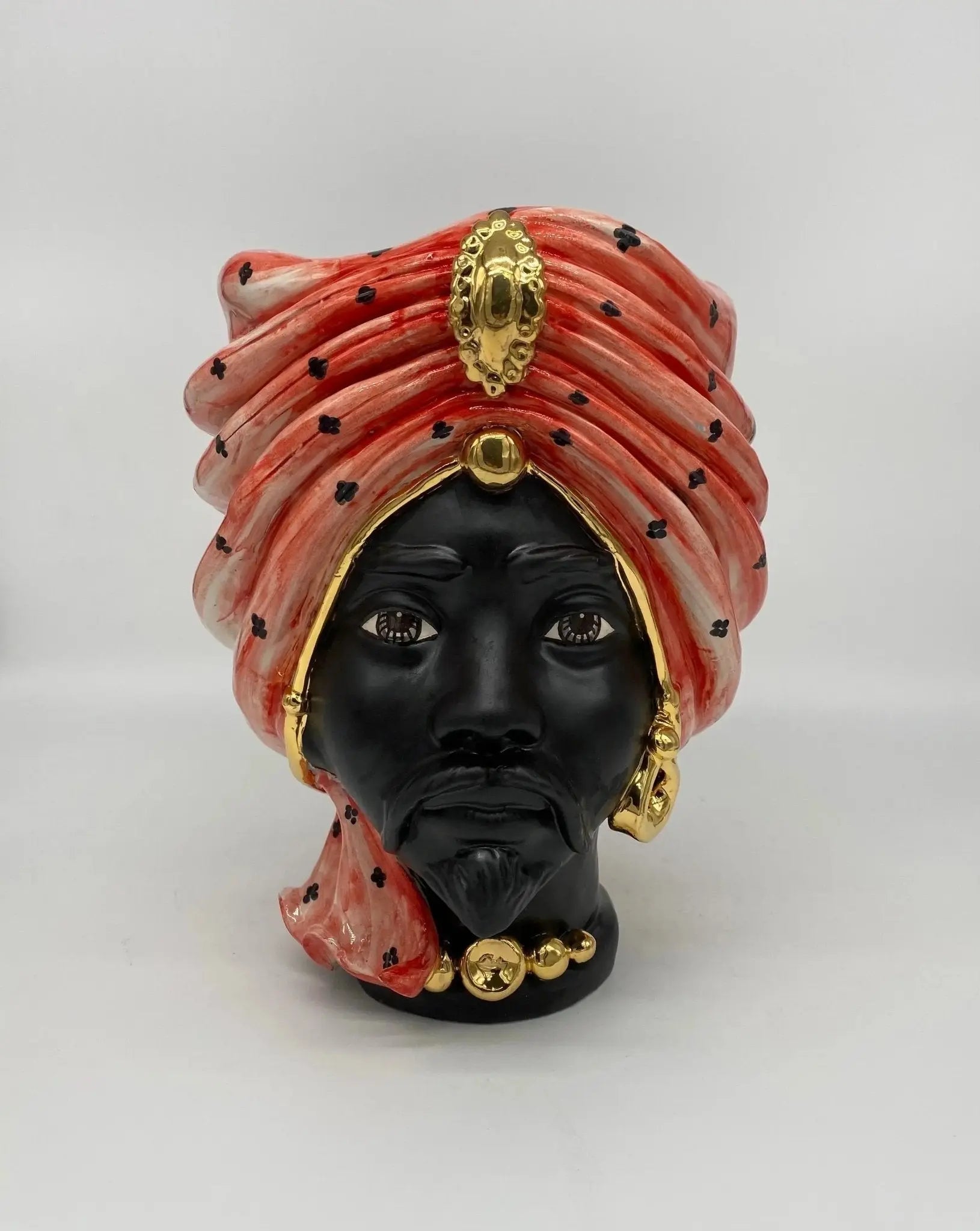 FINE SERIE - Testa di Moro Atena Ceramica Caltagirone cm H.24 L.18 Artigianale Rosso Pois Nero Oro - Uomo - TESTA