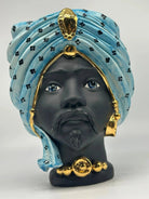 FINE SERIE - Testa di Moro Atena Ceramica Caltagirone cm H.24 L.18 Artigianale Celeste Pois Nero Oro - Uomo - TESTA