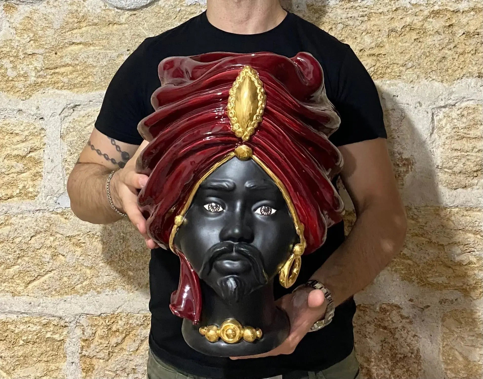 FINE SERIE - Testa di Moro Atena Ceramica Caltagirone cm H.40 L.28 Artigianale Bordeaux Nero Oro - Uomo - TESTA DI MORO