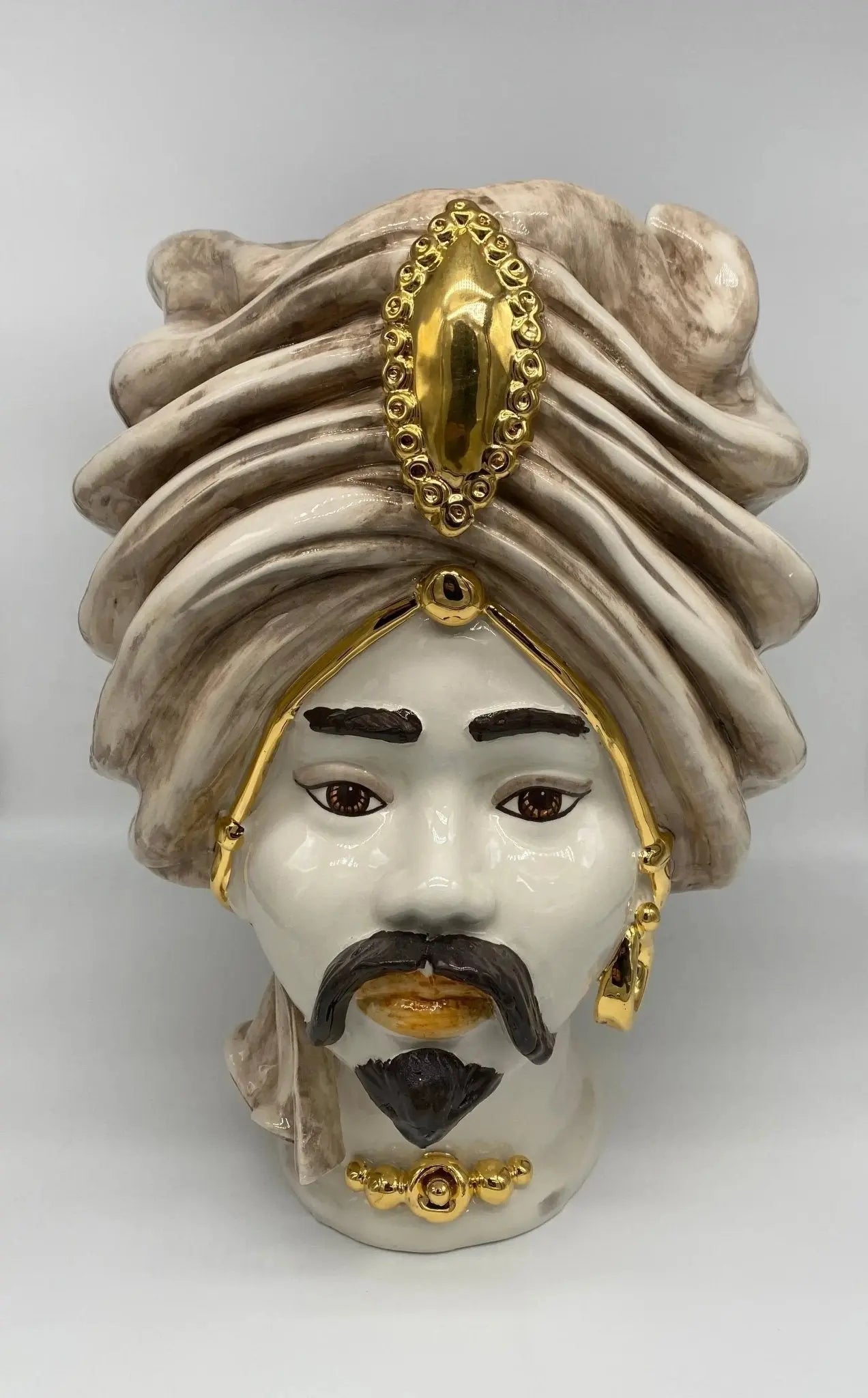 FINE SERIE - Testa di Moro Atena Ceramica Caltagirone cm H.40 L.28 Artigianale Écru Beige Oro - Uomo - TESTA DI MORO