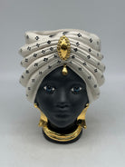 FINE SERIE - Testa di Moro Atena Donna Ceramica Caltagirone cm H.24 L.18 Artigianale Bianco Pois Nero Oro - TESTE