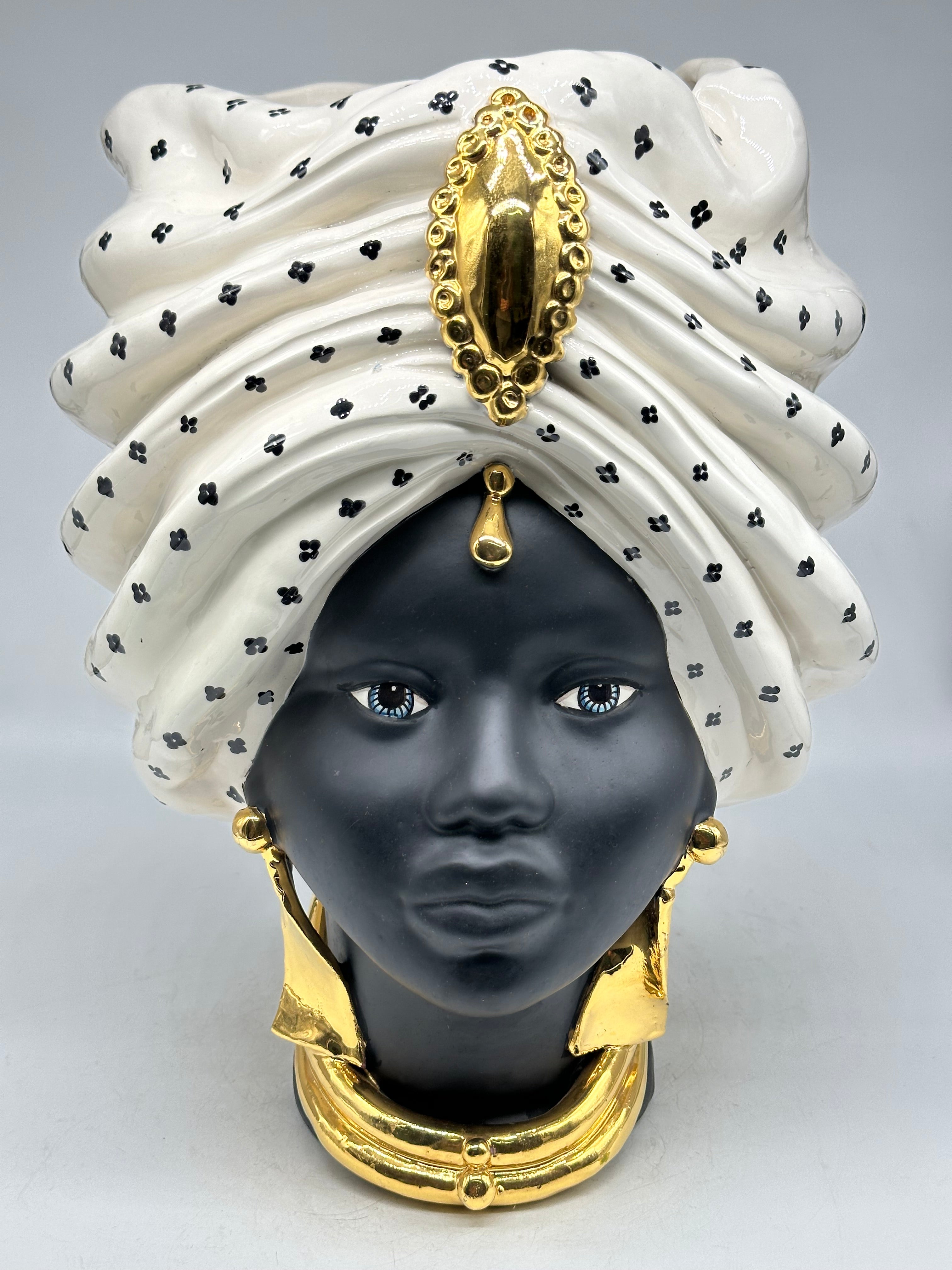 FINE SERIE - Testa di Moro Atena Donna Ceramica Caltagirone cm H.40 L.28 Artigianale Bianco Nero Oro - Donna - TESTE