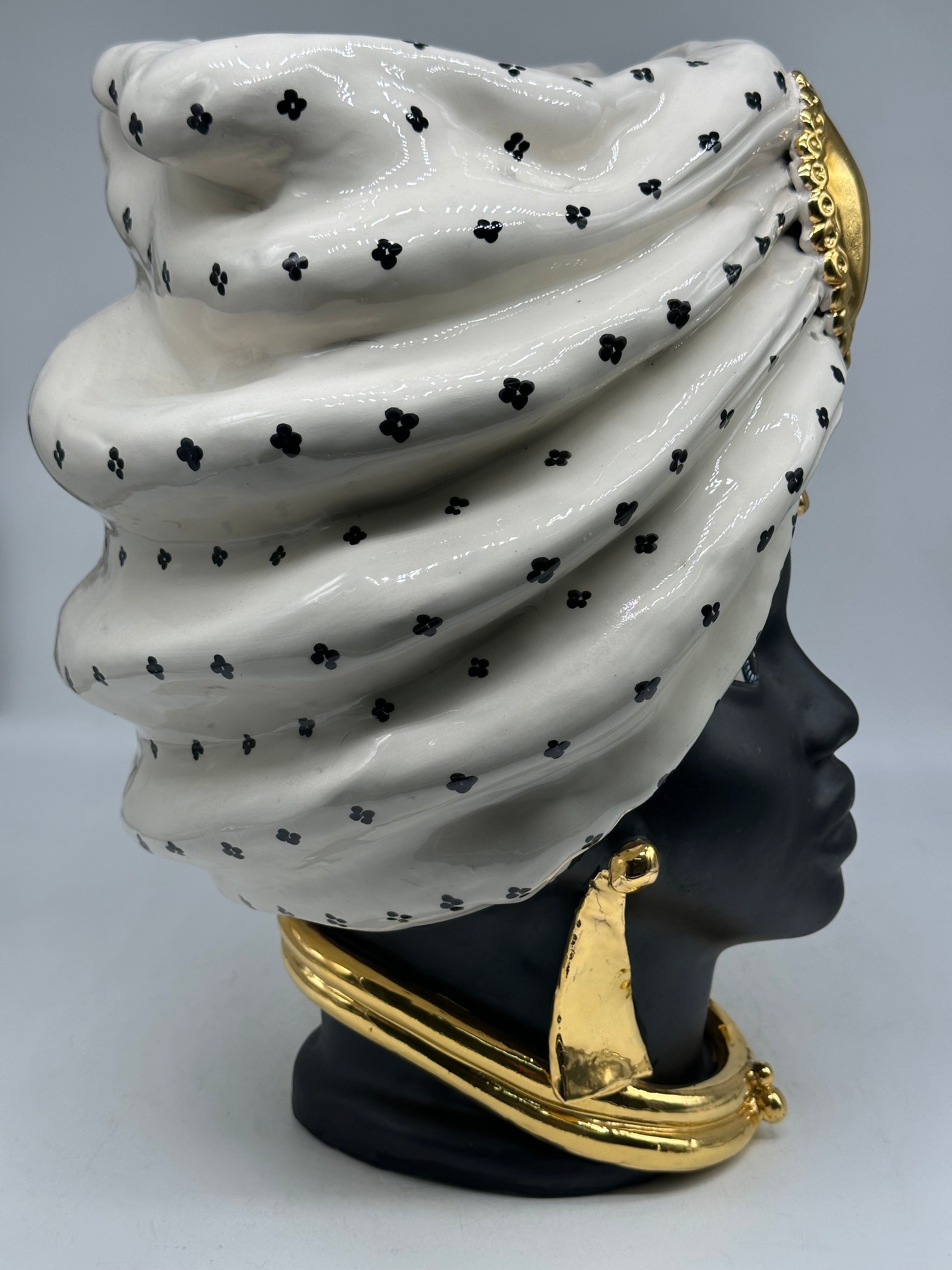 FINE SERIE - Testa di Moro Atena Donna Ceramica Caltagirone cm H.40 L.28 Artigianale Bianco Nero Oro - Donna - TESTE