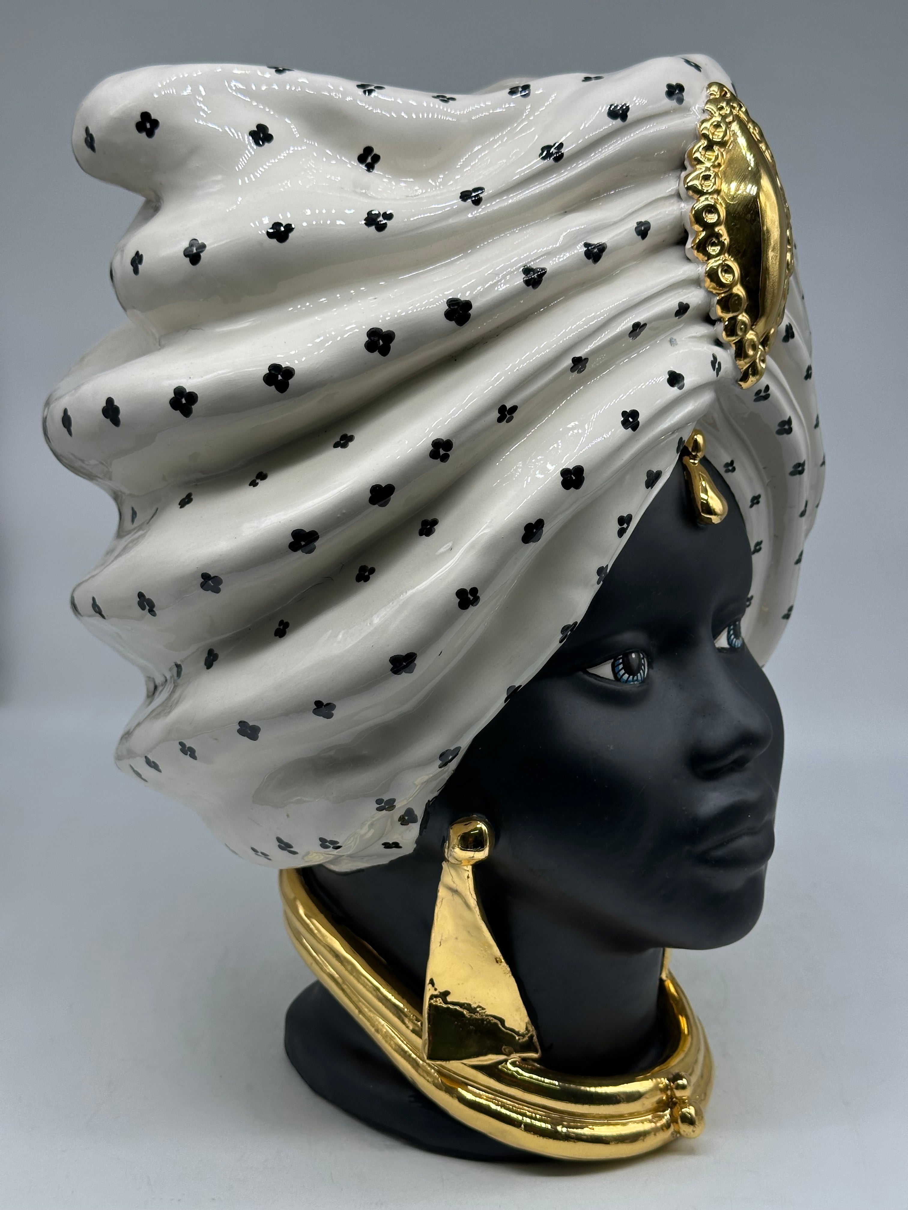 FINE SERIE - Testa di Moro Atena Donna Ceramica Caltagirone cm H.40 L.28 Artigianale Bianco Nero Oro - Donna - TESTE