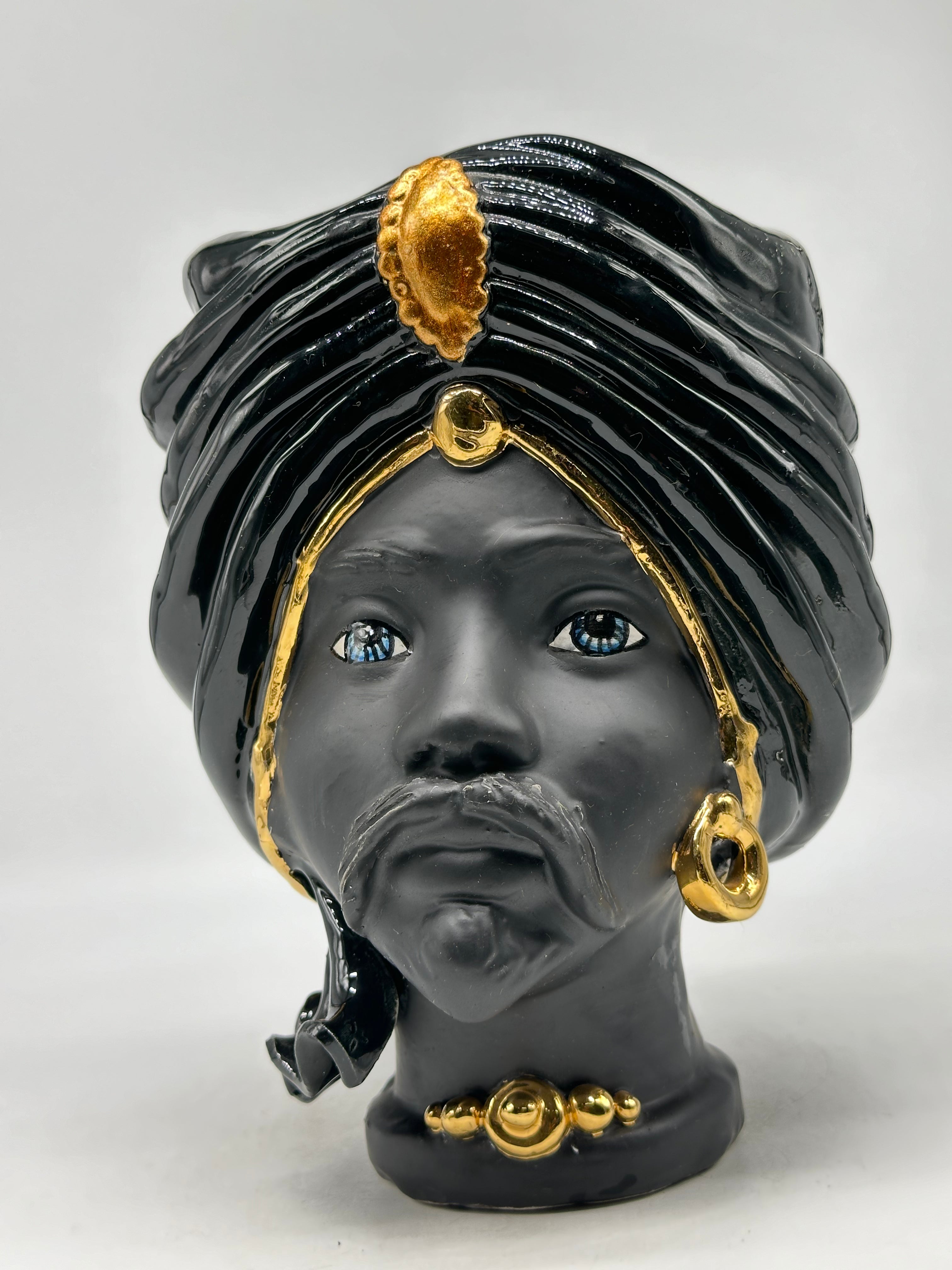 FINE SERIE - Testa di Moro Atena Uomo Ceramica Caltagirone cm H.24 L.18 Artigianale Nero Oro - Uomo - TESTE DI MORO