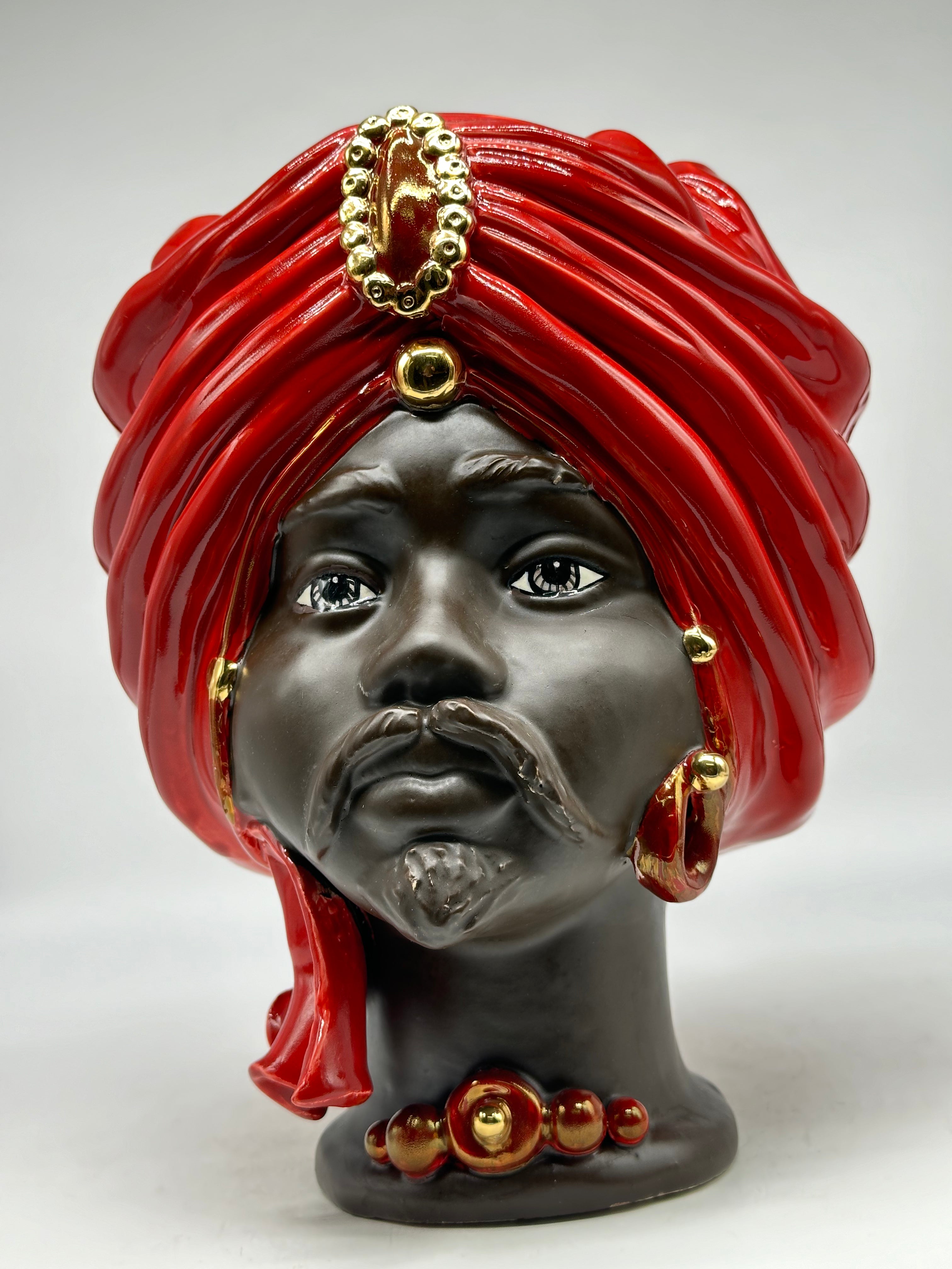 FINE SERIE - Testa di Moro Atena Uomo Ceramica Caltagirone cm H.30 L.23 Artigianale Rosso Marrone - TESTE DI MORO