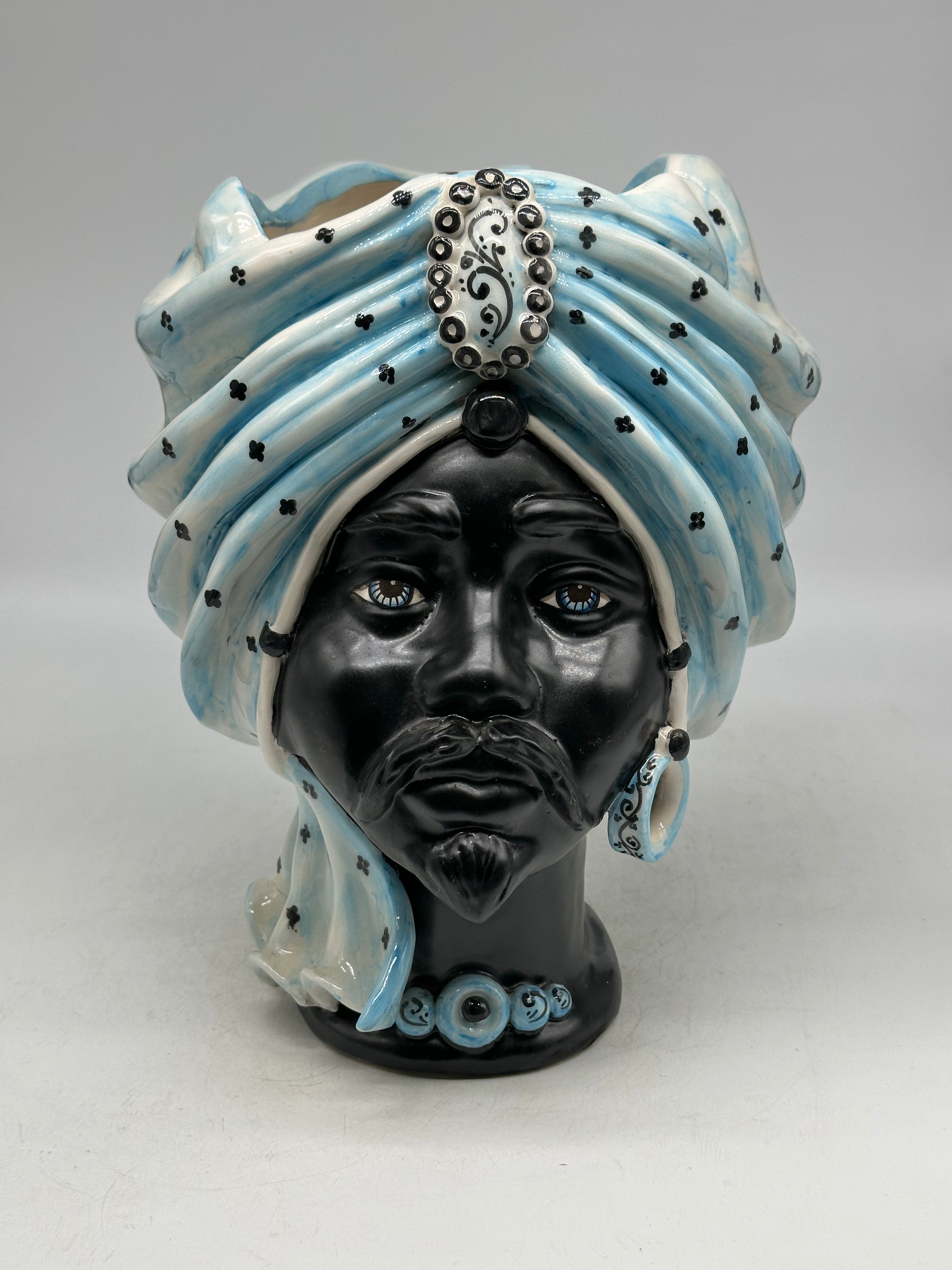 FINE SERIE - Testa di Moro Atena Uomo Ceramica Caltagirone cm H.30 L.23 Artigianale Celeste Pois Nero - TESTE DI MORO