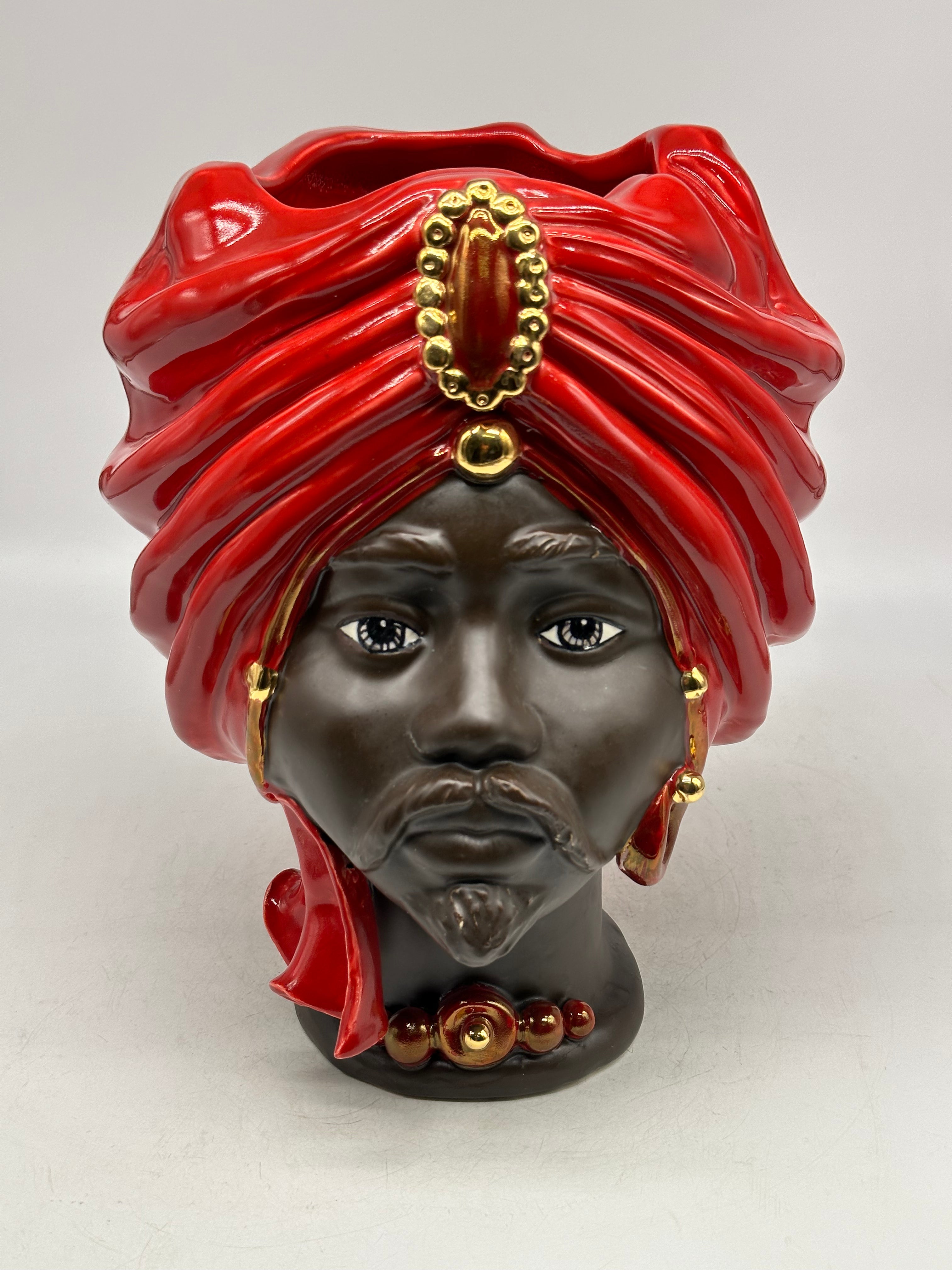 FINE SERIE - Testa di Moro Atena Uomo Ceramica Caltagirone cm H.30 L.23 Artigianale Rosso Marrone - TESTE DI MORO