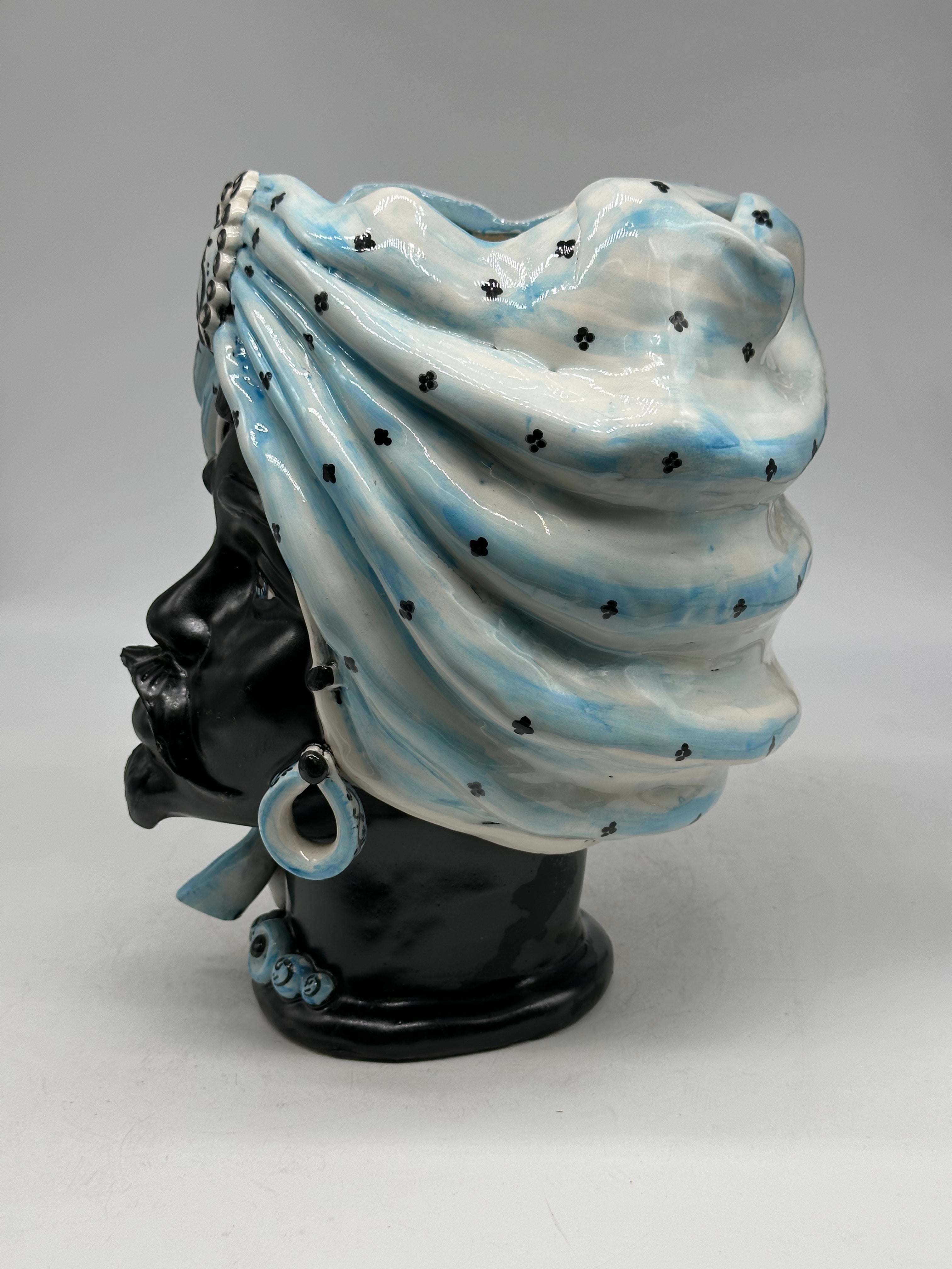 FINE SERIE - Testa di Moro Atena Uomo Ceramica Caltagirone cm H.30 L.23 Artigianale Celeste Pois Nero - TESTE DI MORO