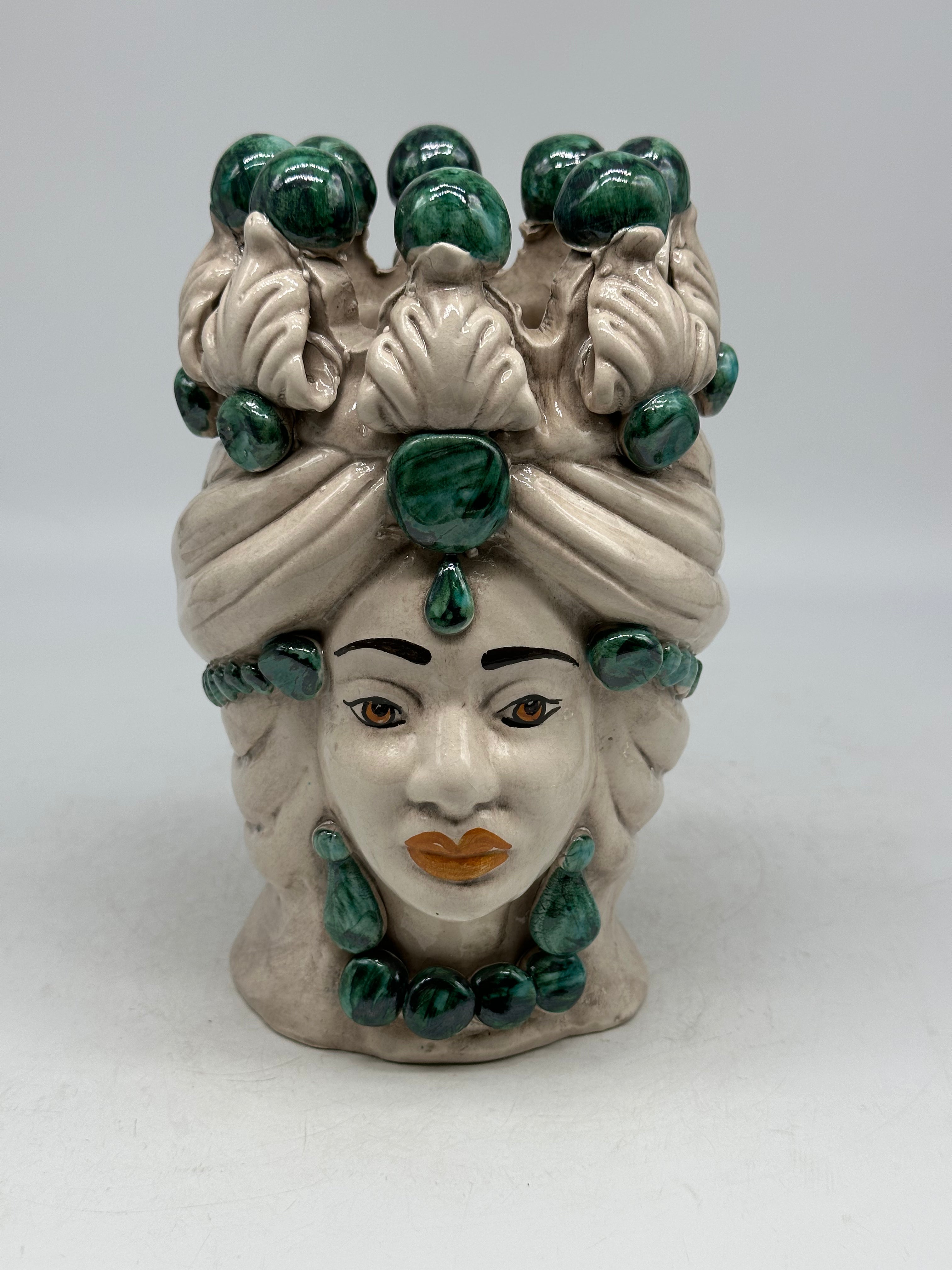 FINE SERIE - Testa di Moro Donna Corona Sfere Verde Ceramica Caltagirone cm H.20 L.12 Artigianale - TESTE DI MORO
