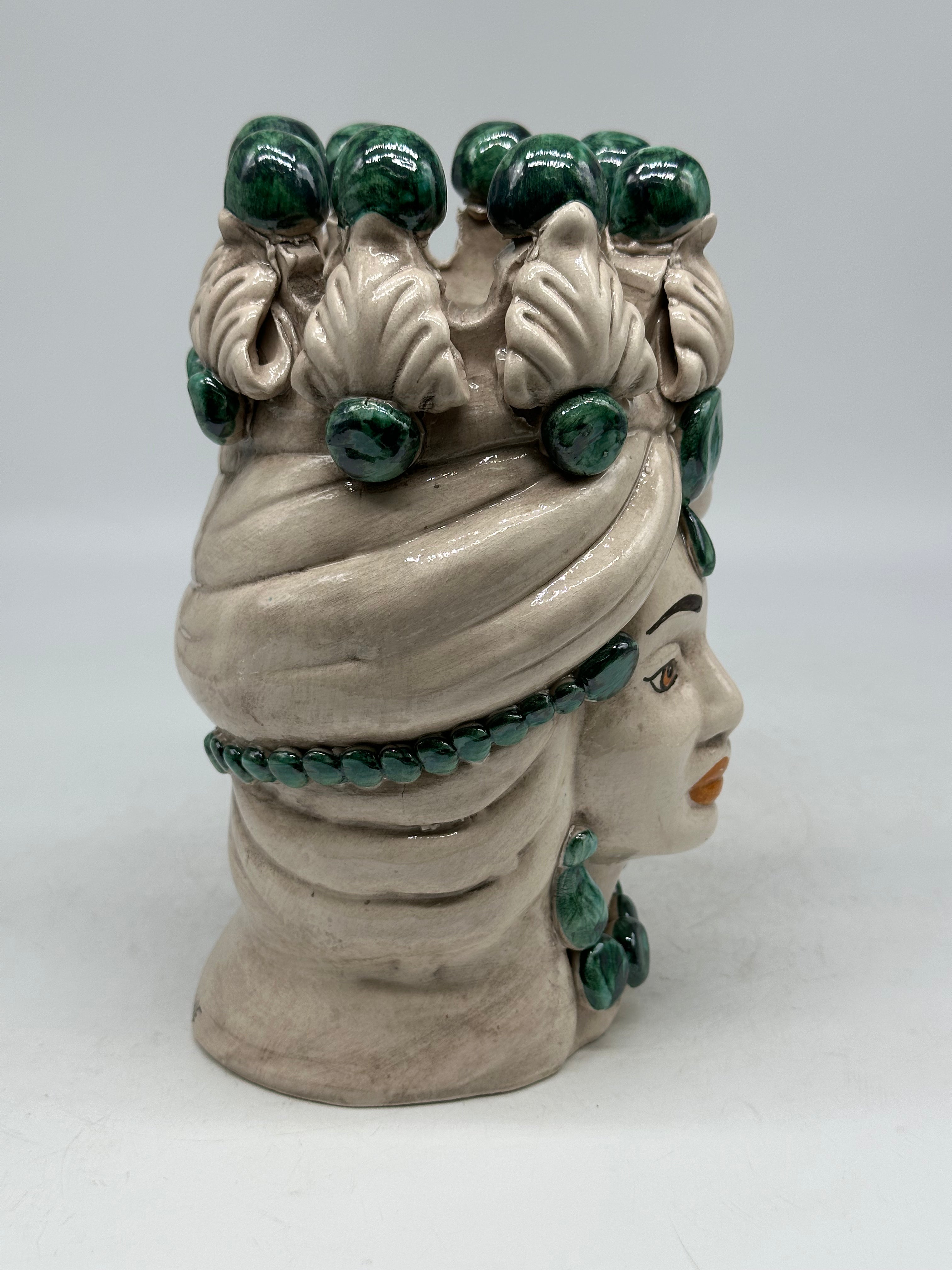 FINE SERIE - Testa di Moro Donna Corona Sfere Verde Ceramica Caltagirone cm H.20 L.12 Artigianale - TESTE DI MORO