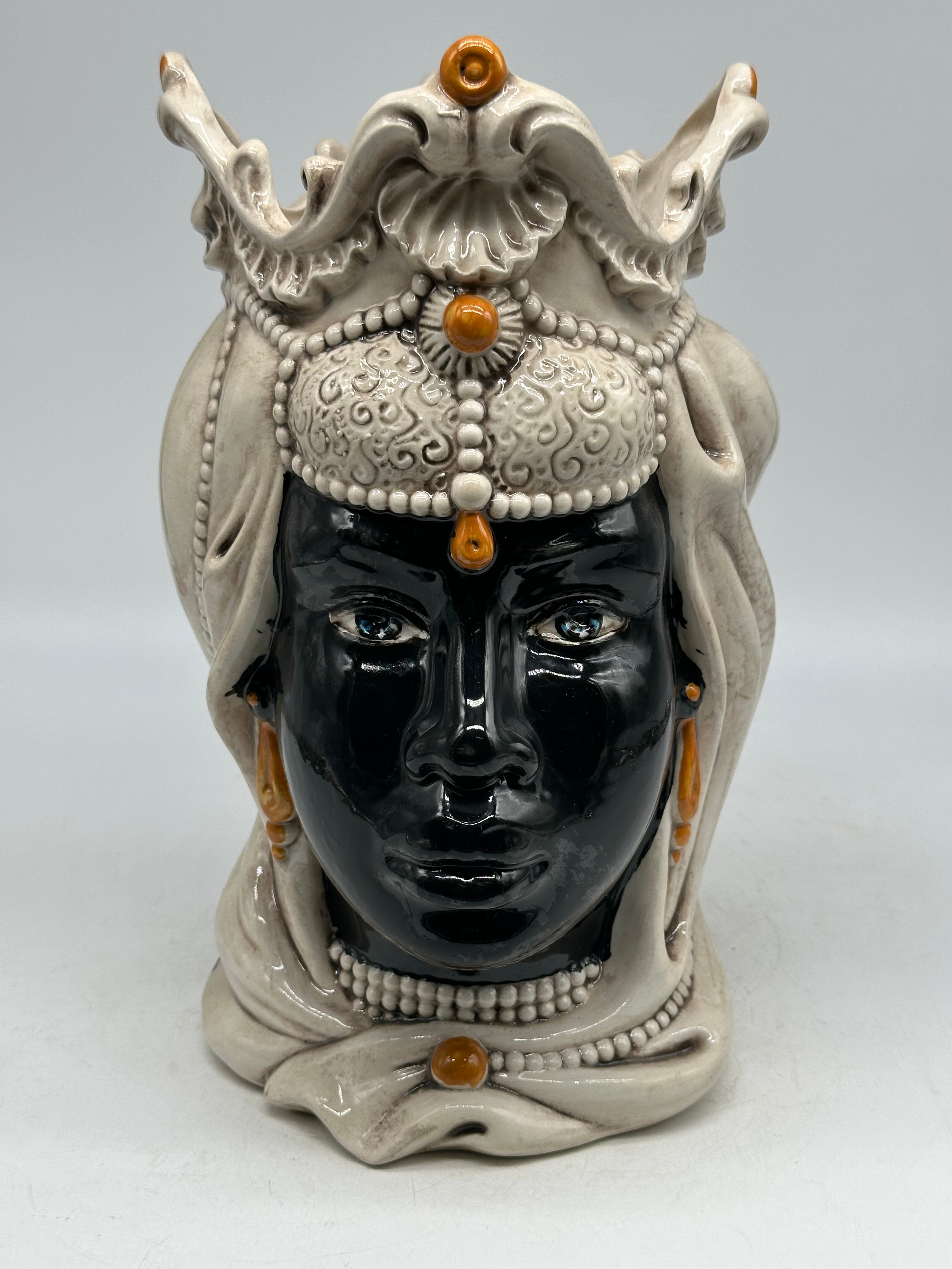 FINE SERIE - Testa di Moro Emiro Donna Ceramica Caltagirone cm H.30 L.18 Artigianale Ecru Sfere Arancio - Donna - TESTE