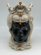 FINE SERIE - Testa di Moro Emiro Donna Ceramica Caltagirone cm H.30 L.18 Artigianale Ecru Sfere Arancio - Donna - TESTE