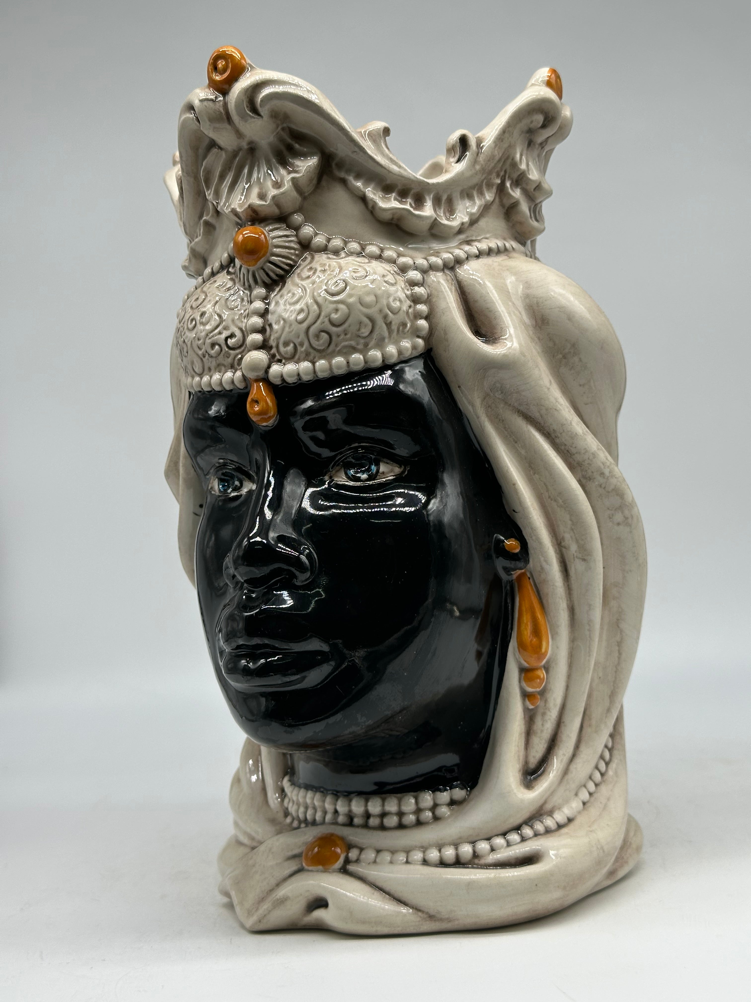 FINE SERIE - Testa di Moro Emiro Donna Ceramica Caltagirone cm H.30 L.18 Artigianale Ecru Sfere Arancio - Donna - TESTE