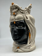 FINE SERIE - Testa di Moro Emiro Donna Ceramica Caltagirone cm H.30 L.18 Artigianale Ecru Sfere Arancio - Donna - TESTE