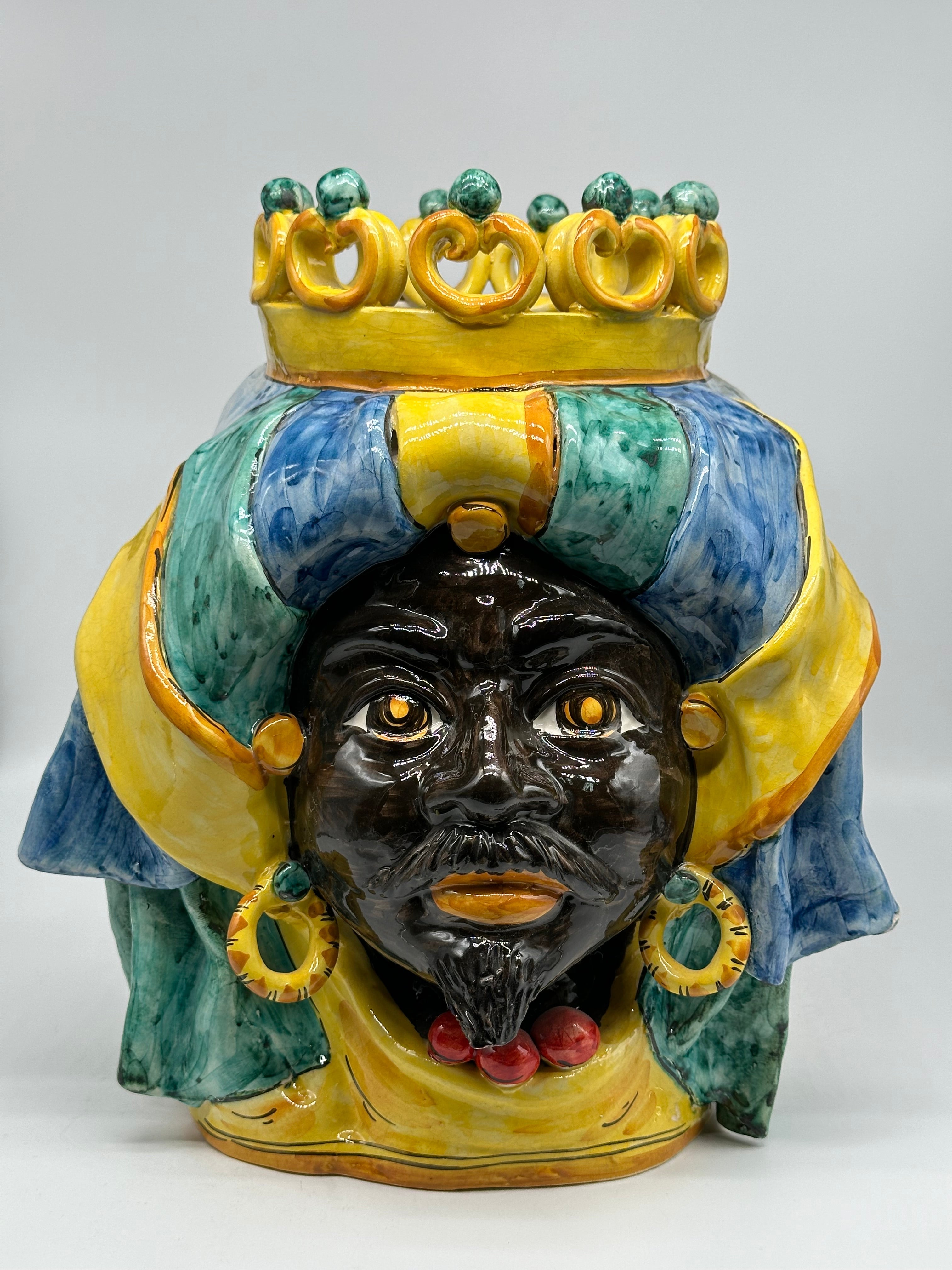 FINE SERIE - Testa di Moro FAT Ceramica Caltagirone cm H.36 L.30 Artigianale Giallo Verde Blu - TESTE DI MORO