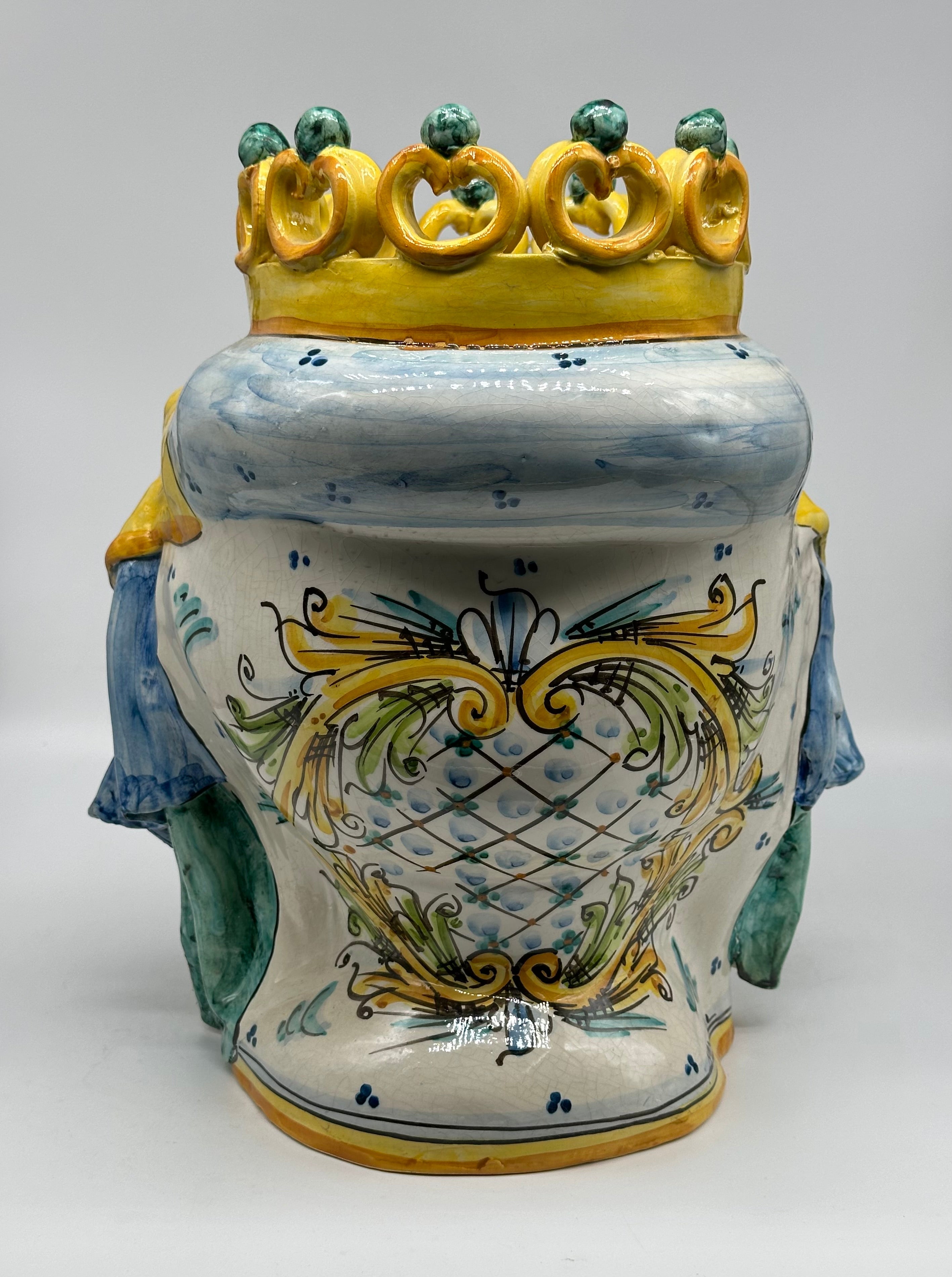 FINE SERIE - Testa di Moro FAT Ceramica Caltagirone cm H.36 L.30 Artigianale Giallo Verde Blu - TESTE DI MORO