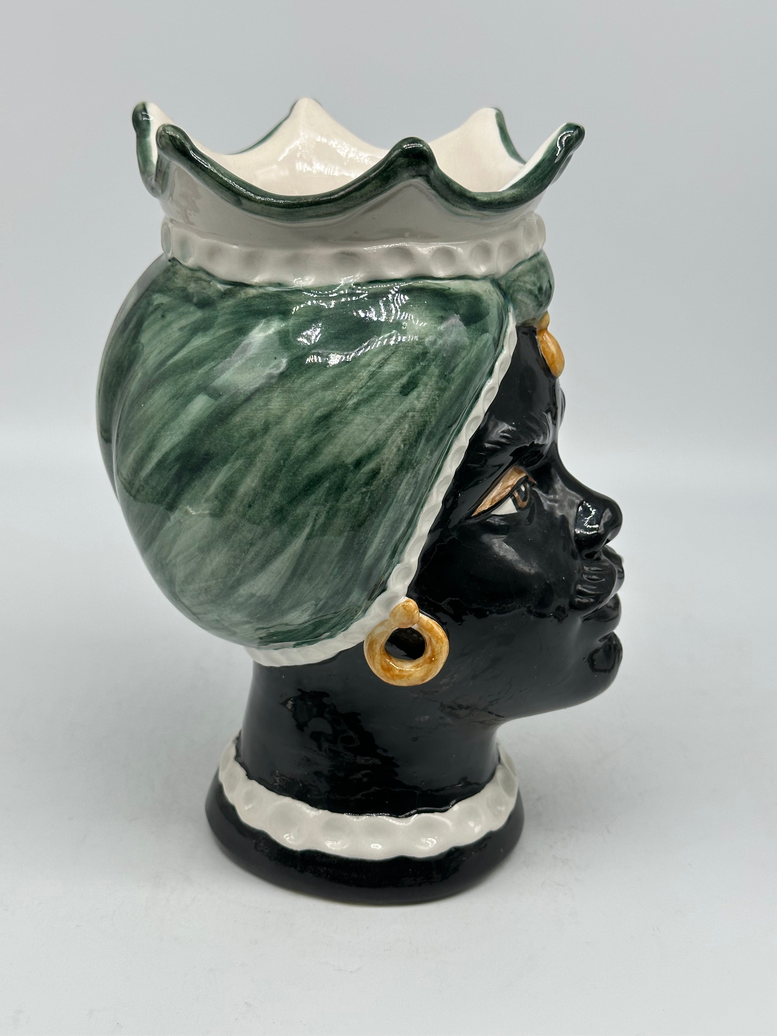 FINE SERIE - Testa di Moro Luis Ceramica Caltagirone cm H.22 L.15 Artigianale Turbante Liscio Verde UOMO - Donna