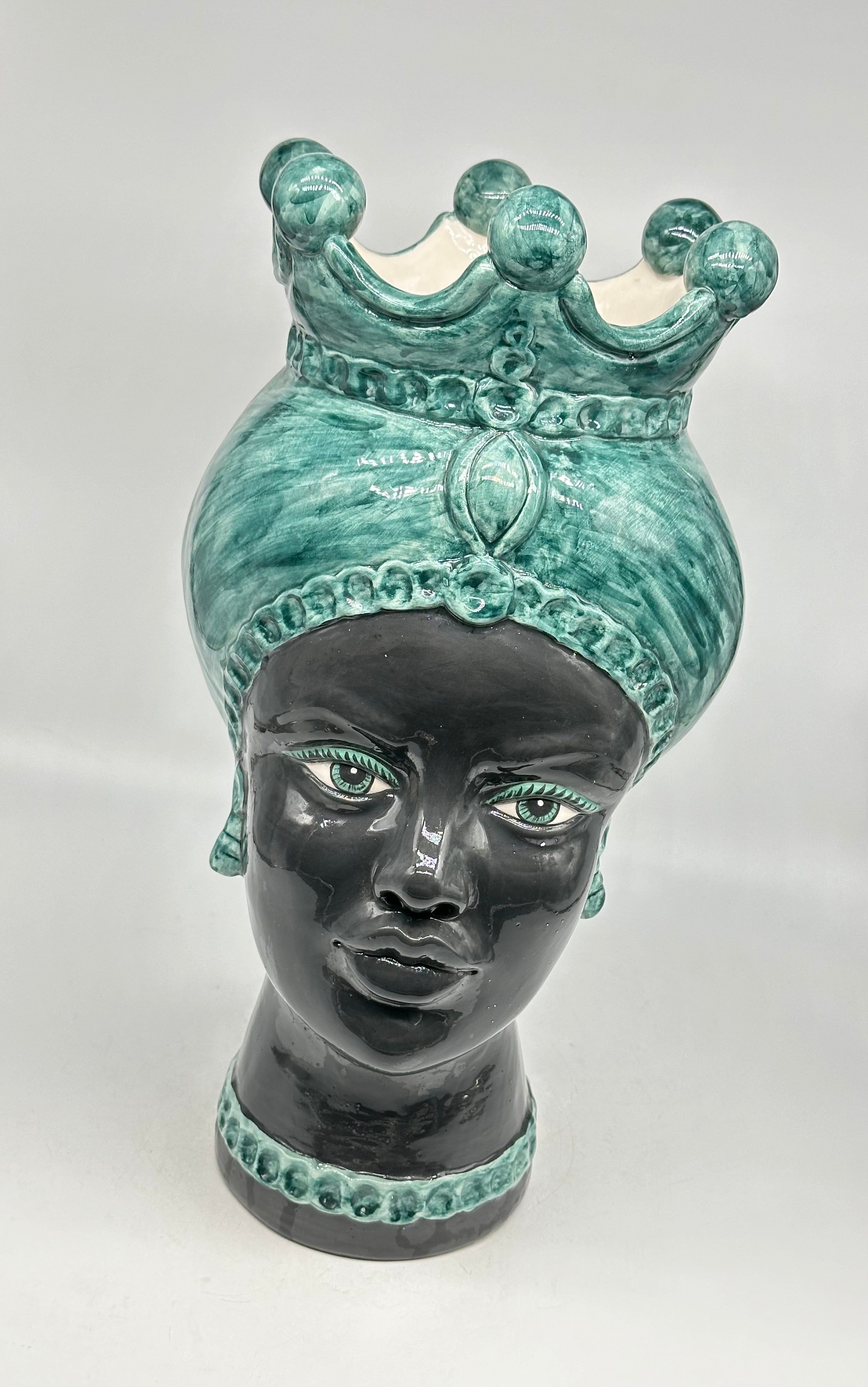 FINE SERIE - Testa di Moro Luis Ceramica Caltagirone cm H.44 L.23 Artigianale Turbante Verde Antico DONNA - Donna
