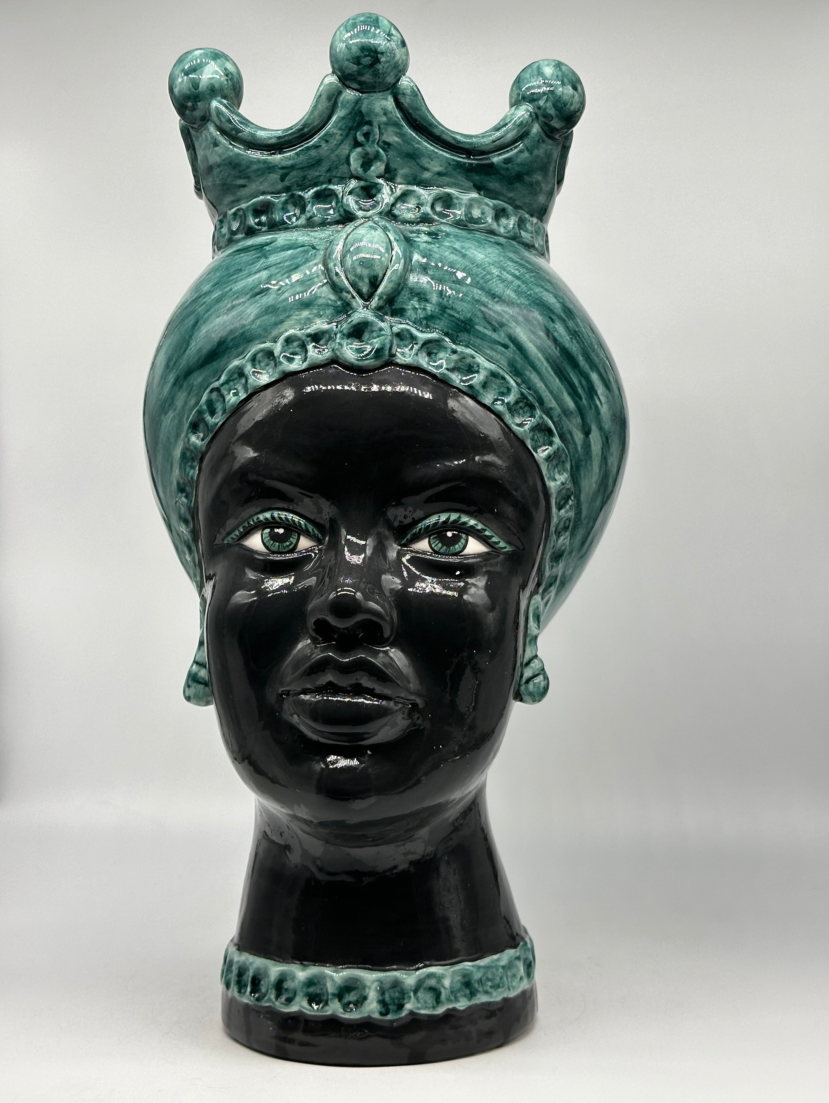 FINE SERIE - Testa di Moro Luis Ceramica Caltagirone cm H.44 L.23 Artigianale Turbante Verde Antico DONNA - Donna