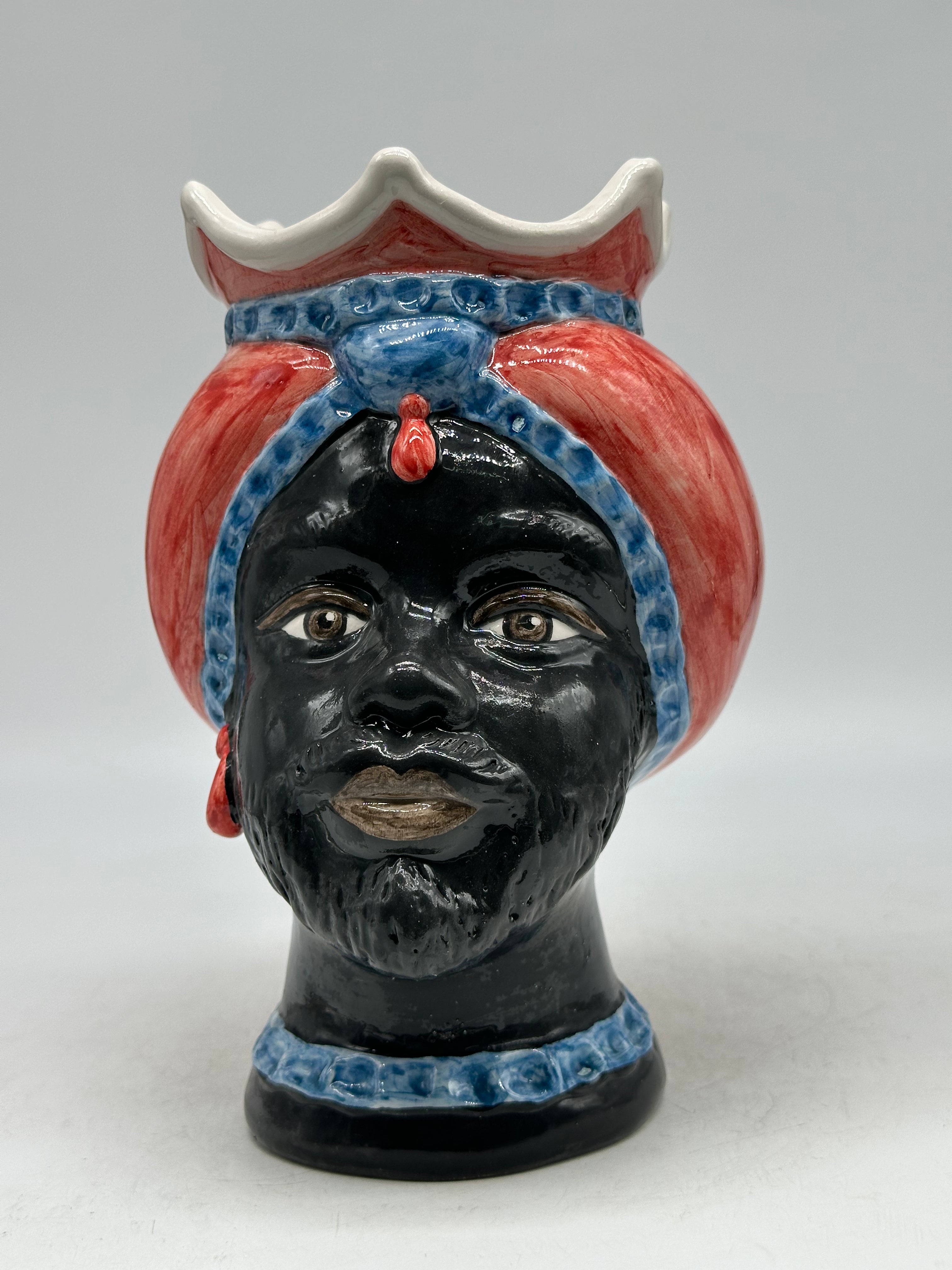 FINE SERIE - Testa di Moro Luis Uomo Ceramica Caltagirone cm H.22 L.15 Artigianale Turbante Rosso Blu - TESTE DI MORO