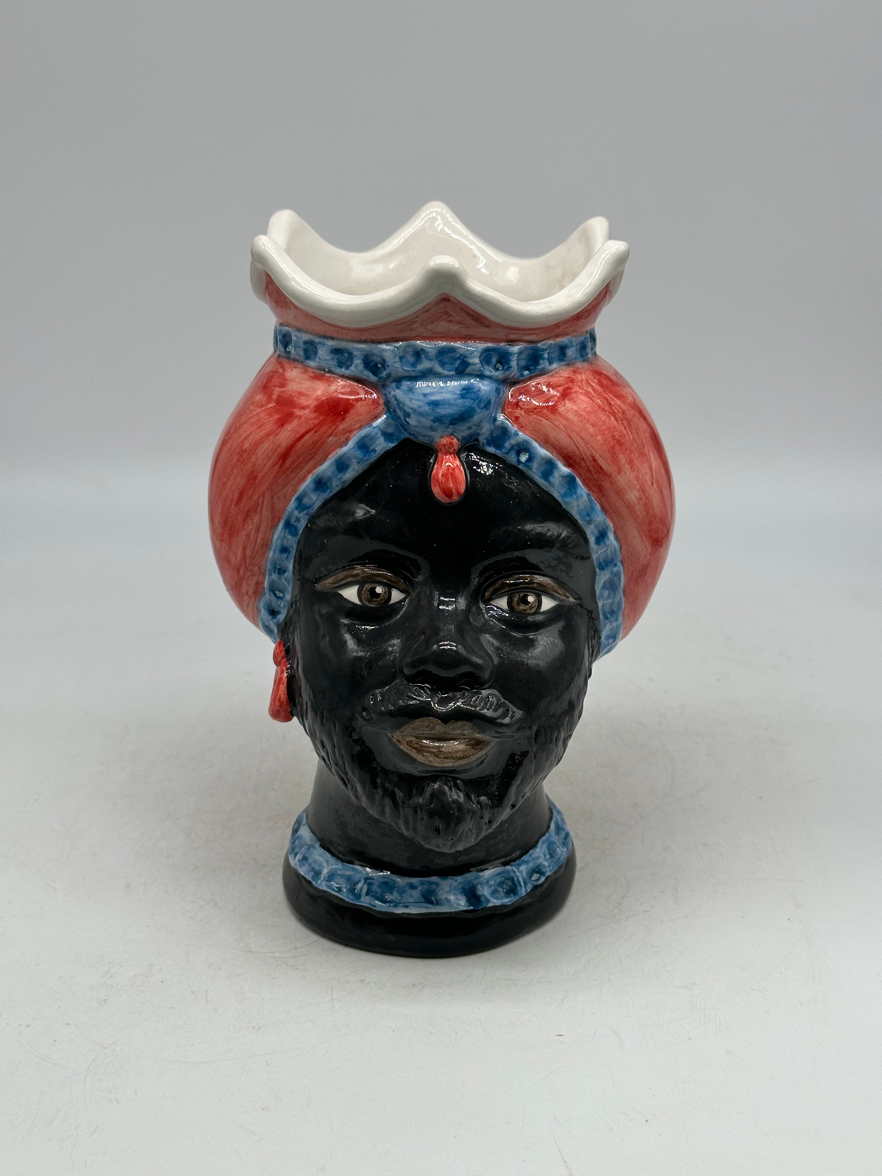 FINE SERIE - Testa di Moro Luis Uomo Ceramica Caltagirone cm H.22 L.15 Artigianale Turbante Rosso Blu - TESTE DI MORO