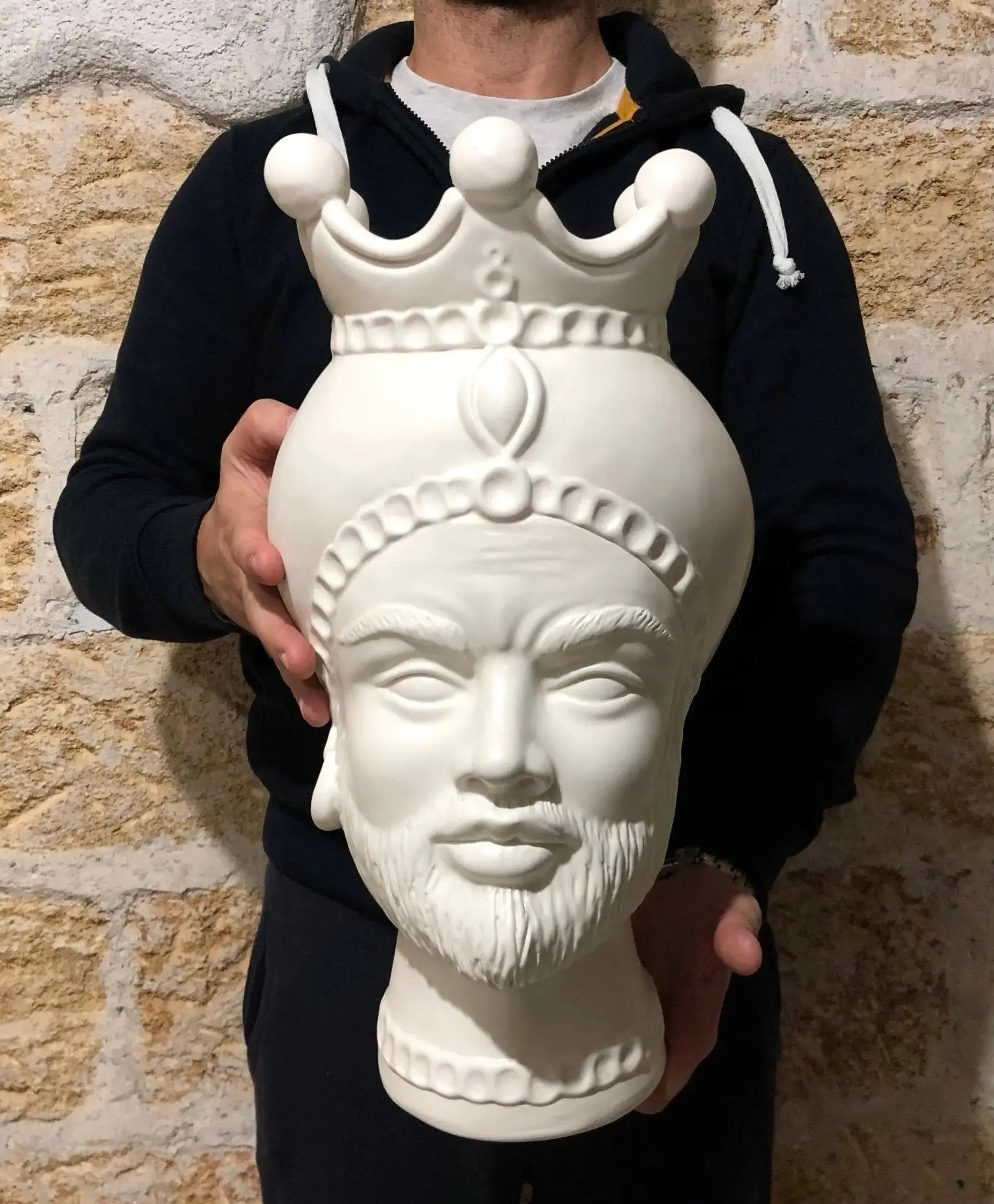 FINE SERIE - Testa di Moro Luis Uomo Ceramica Caltagirone cm H.44 L.23 Artigianale Turbante Liscio Bianco Opaco - Uomo