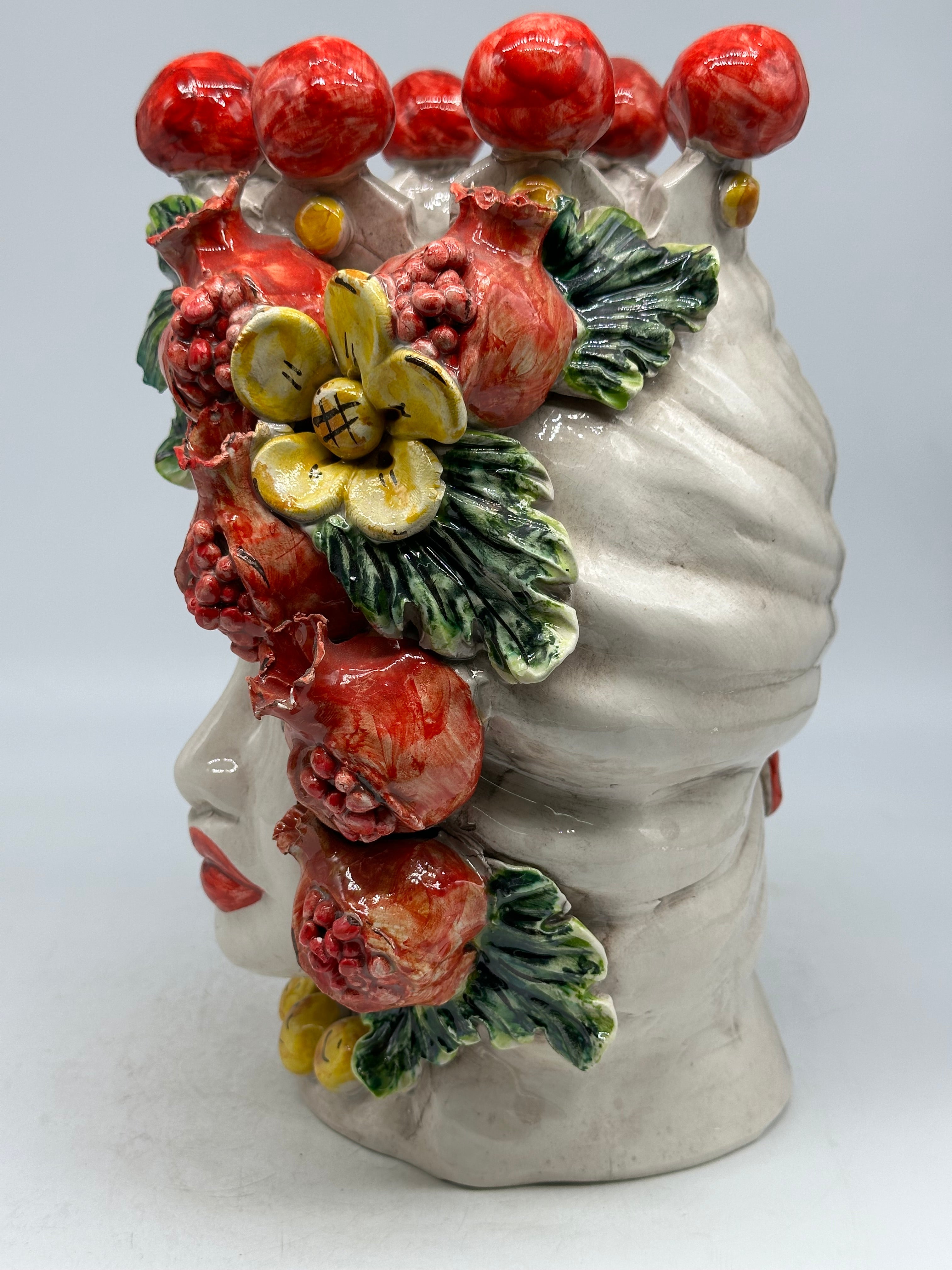 FINE SERIE - Testa di Moro Melograni Donna Ceramica Caltagirone cm H.30 L.23 Artigianale - TESTE DI MORO