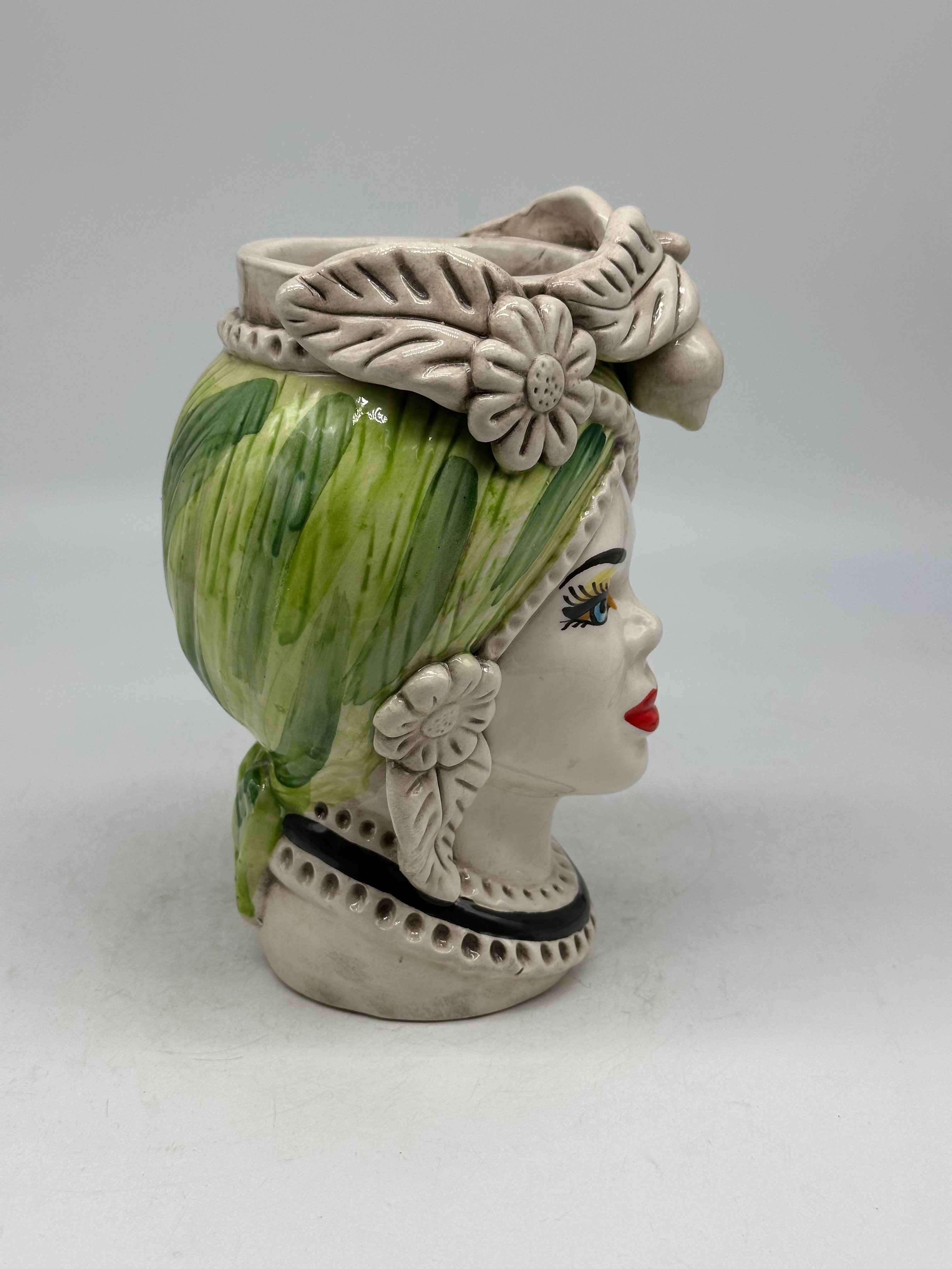 FINE SERIE - Testa di Moro Moresca Donna Ceramica Caltagirone cm H.20 L.12 Artigianale Turbante Verde - Donna - TESTE