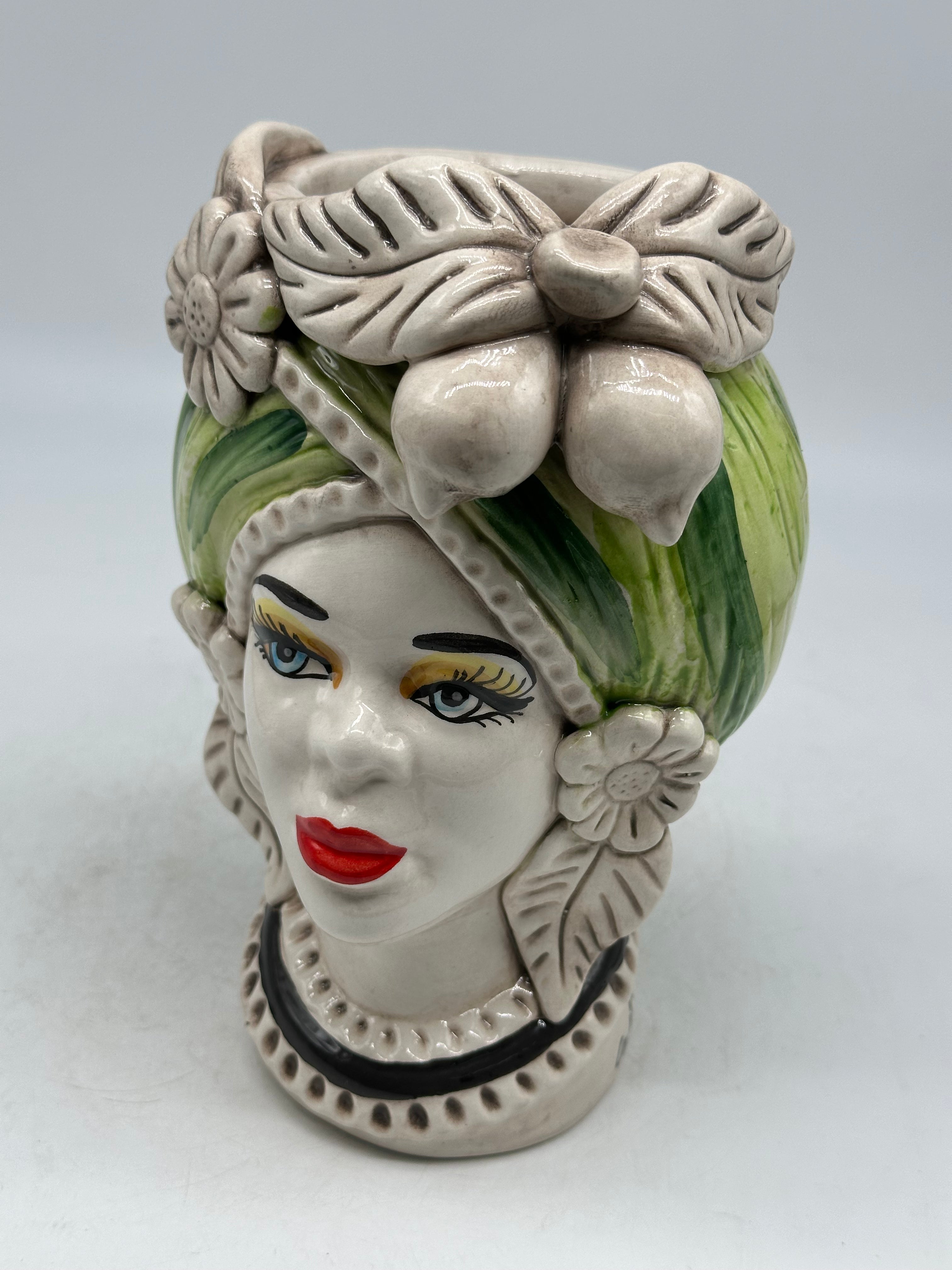 FINE SERIE - Testa di Moro Moresca Donna Ceramica Caltagirone cm H.20 L.12 Artigianale Turbante Verde - Donna - TESTE
