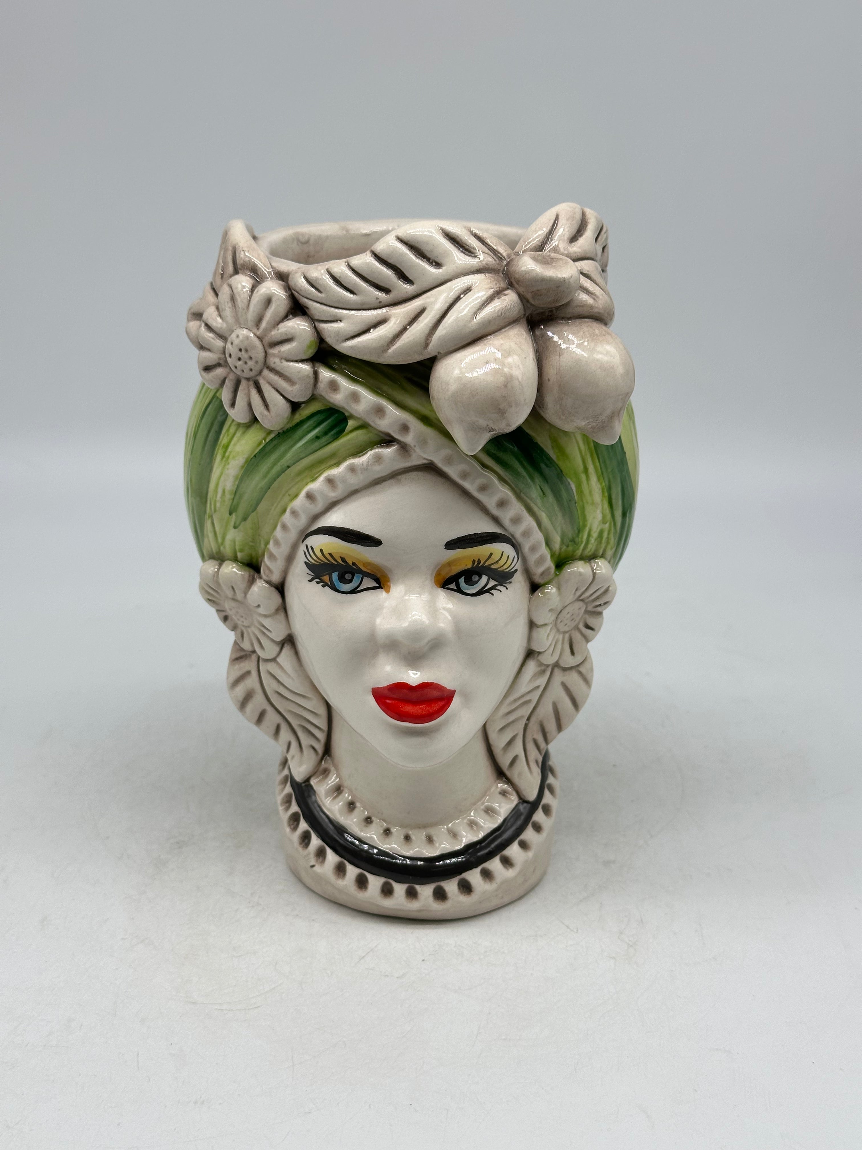 FINE SERIE - Testa di Moro Moresca Donna Ceramica Caltagirone cm H.20 L.12 Artigianale Turbante Verde - Donna - TESTE