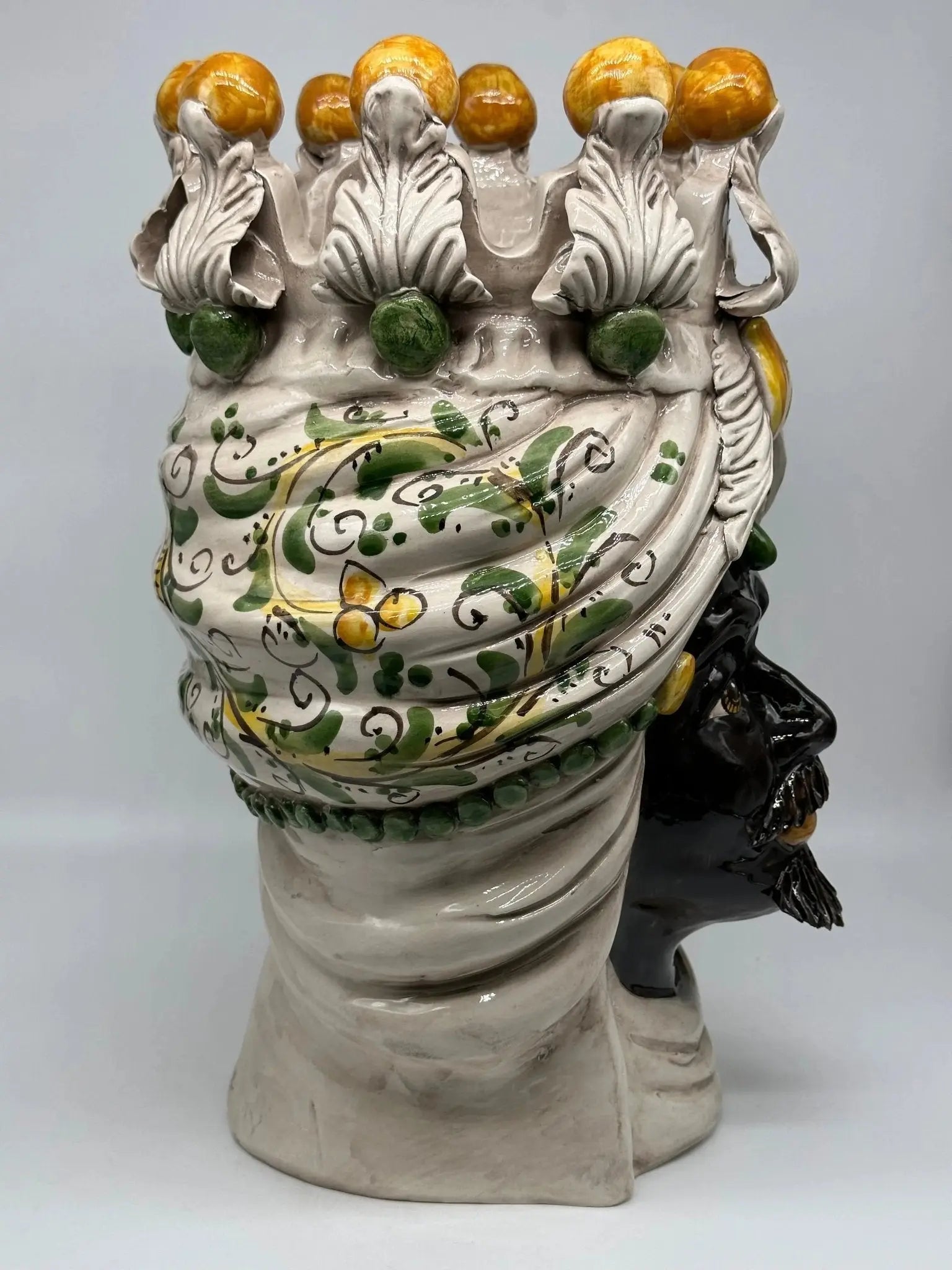 FINE SERIE - Testa di Moro Seicento Ceramica Caltagirone cm H.40 L.26 Artigianale Giallo Verde - Uomo - TESTA DI MORO