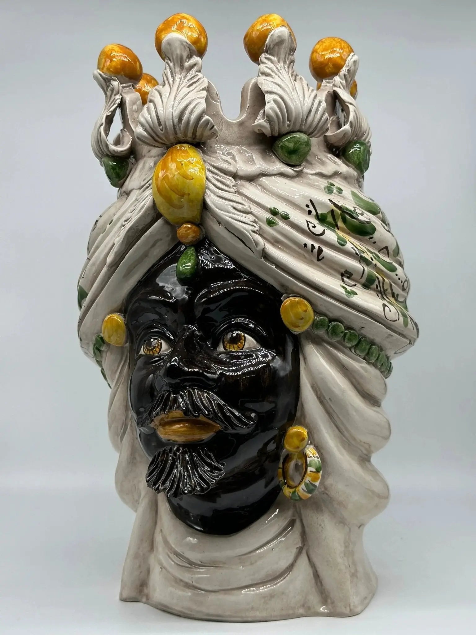 FINE SERIE - Testa di Moro Seicento Ceramica Caltagirone cm H.40 L.26 Artigianale Giallo Verde - Uomo - TESTA DI MORO