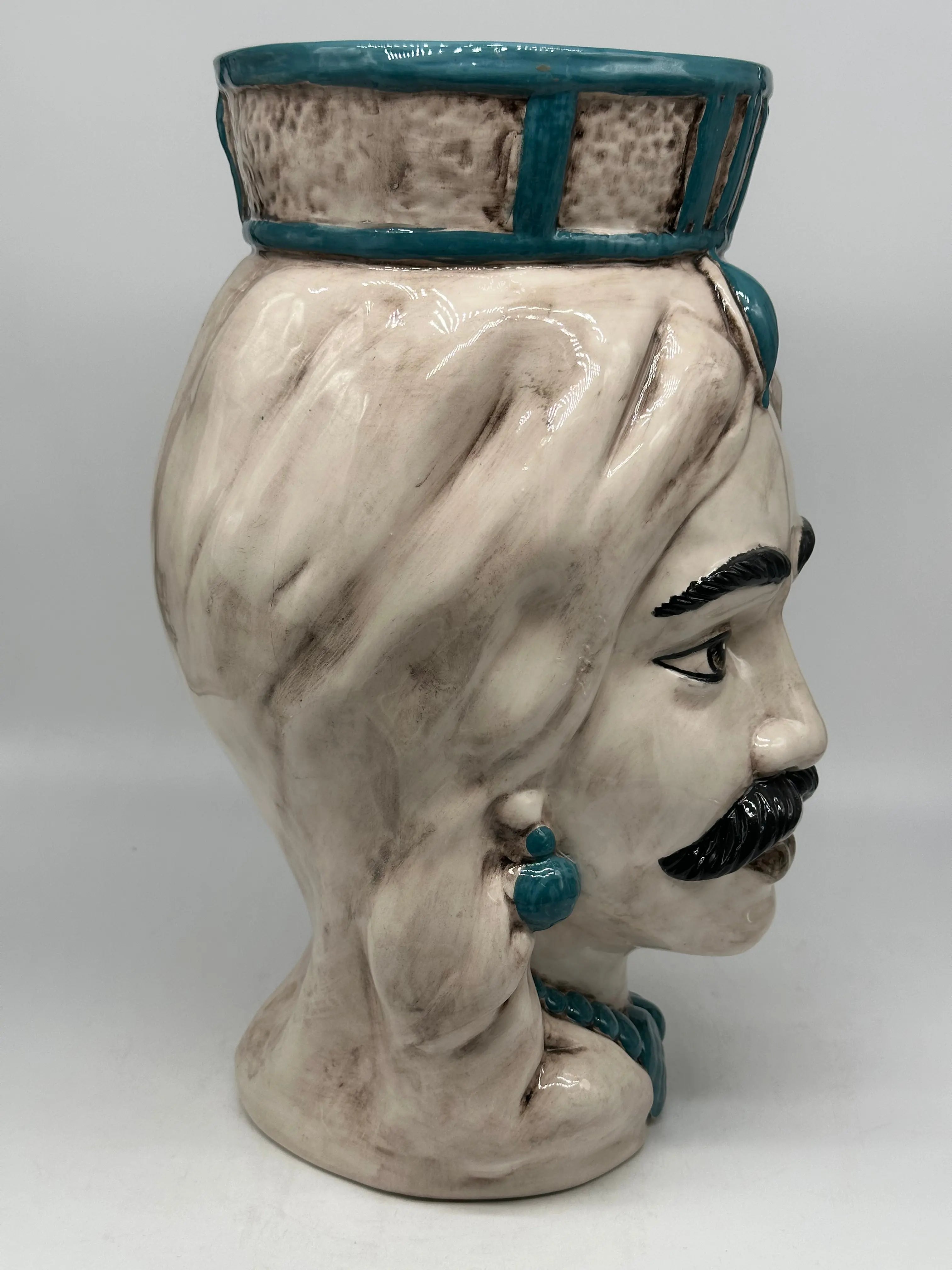 FINE SERIE - Testa di Moro Uomo Corona Retta Ceramica Caltagirone cm H.38 L.24 Artigianale dettagli Verde DD CERAMICHE SICILIANE