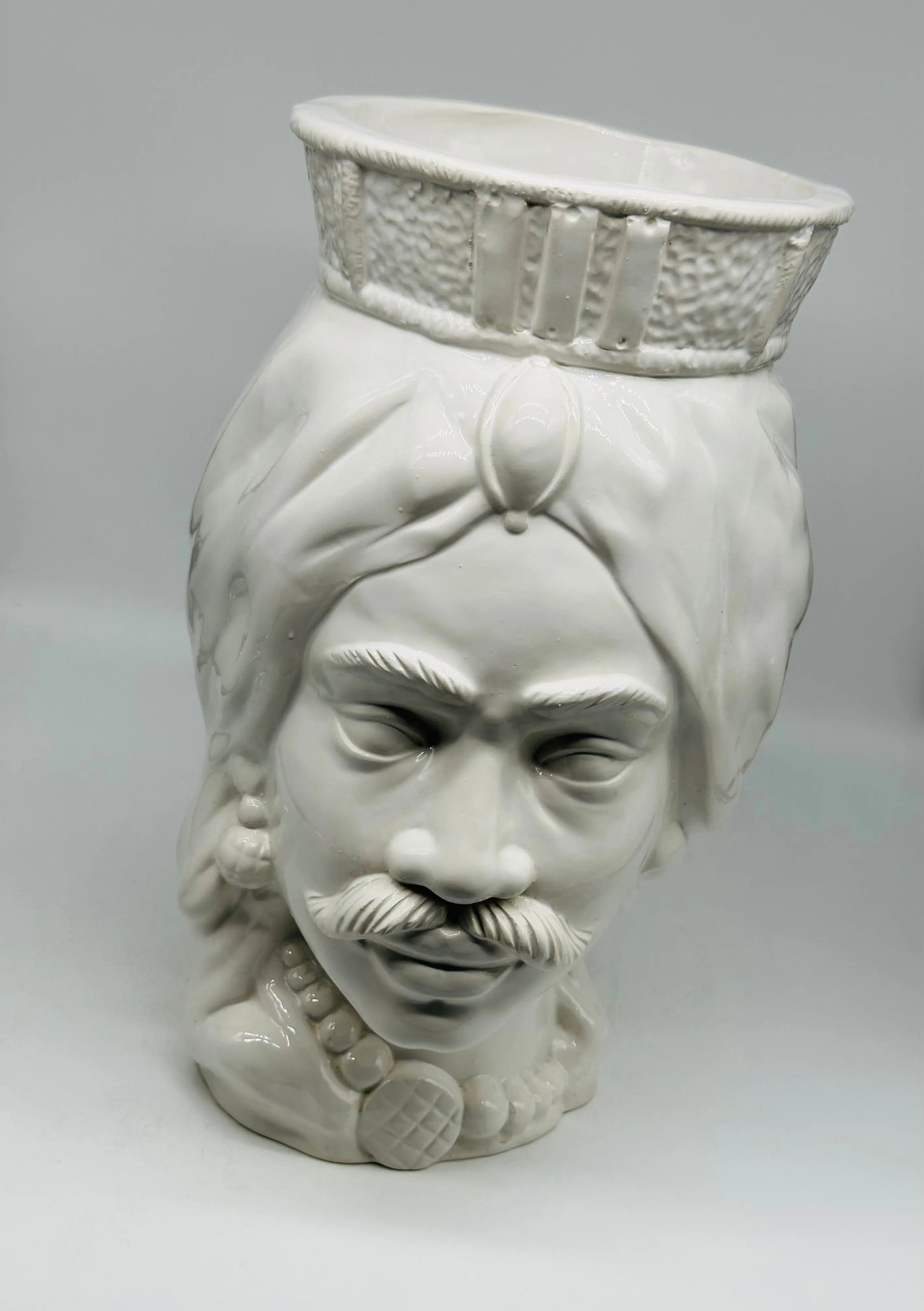 FINE SERIE - Testa di Moro Uomo Corona Retta Ceramica Caltagirone cm H.38 L.24 Artigianale Bianco DD CERAMICHE SICILIANE