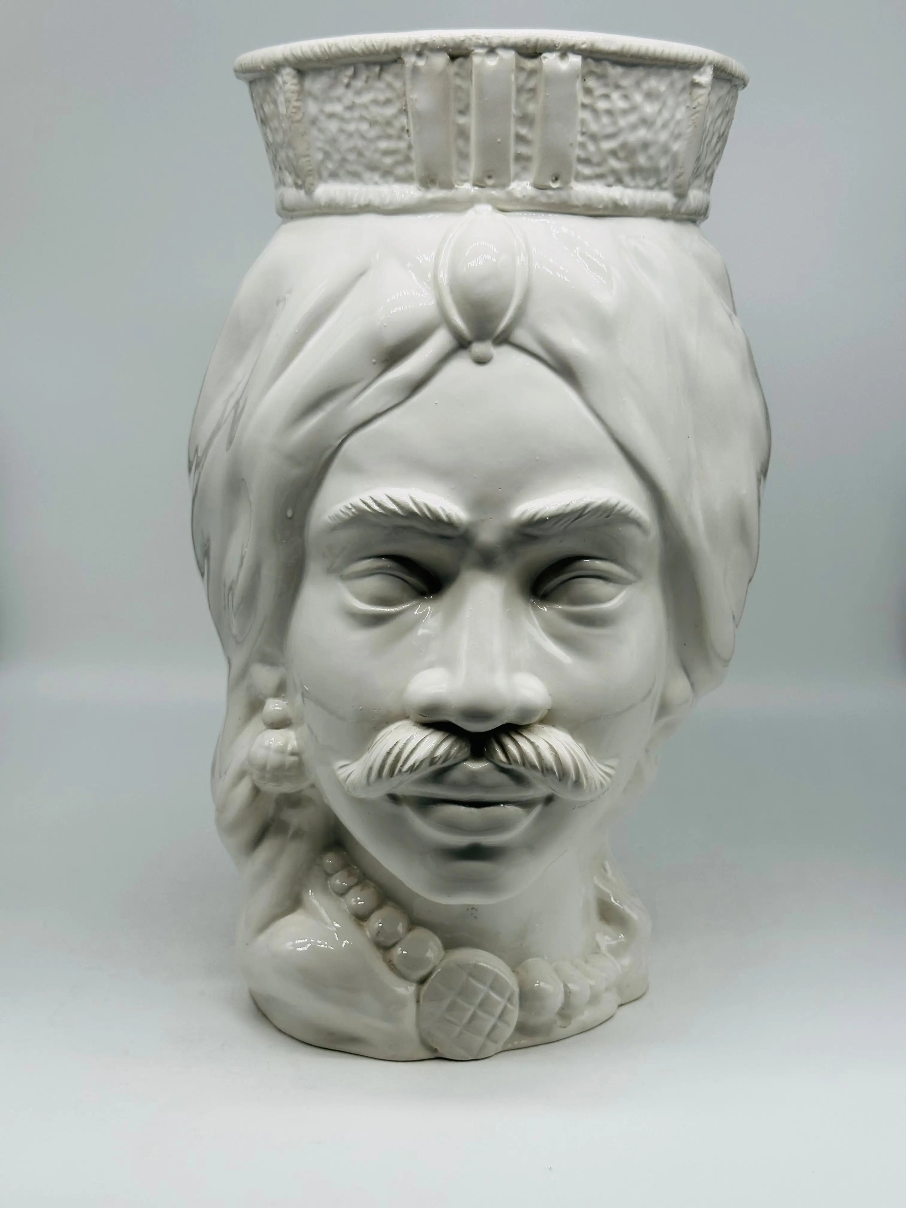 FINE SERIE - Testa di Moro Uomo Corona Retta Ceramica Caltagirone cm H.38 L.24 Artigianale Bianco DD CERAMICHE SICILIANE