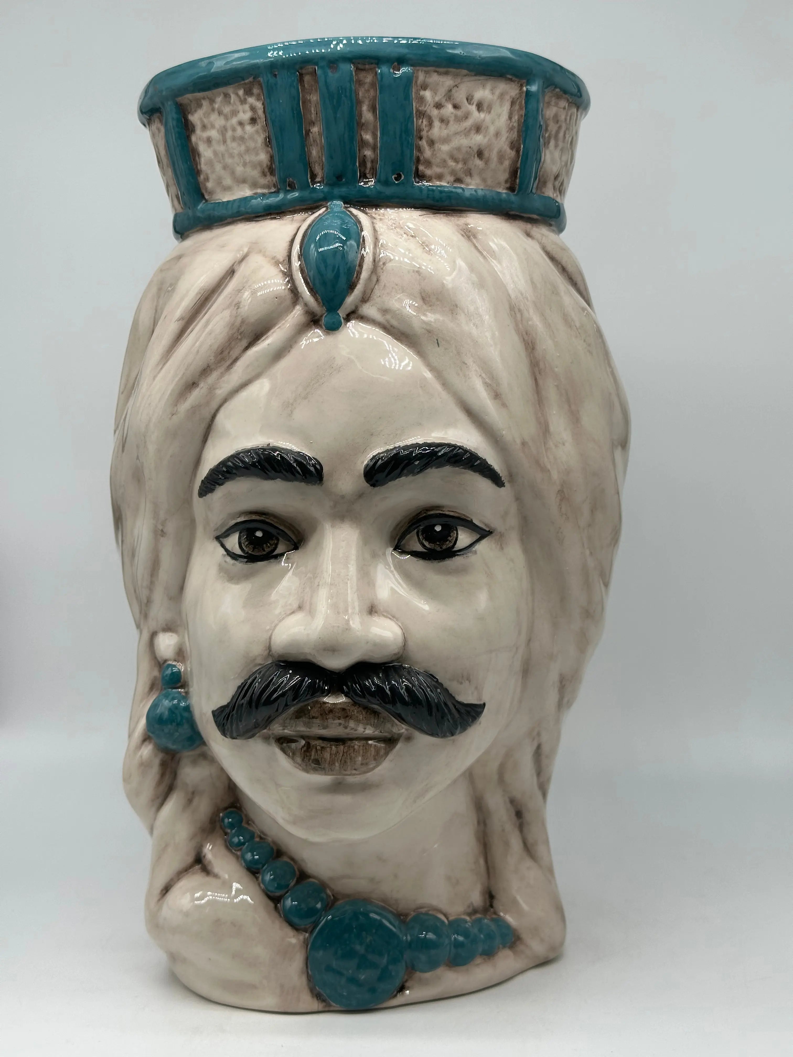 FINE SERIE - Testa di Moro Uomo Corona Retta Ceramica Caltagirone cm H.38 L.24 Artigianale dettagli Verde DD CERAMICHE SICILIANE