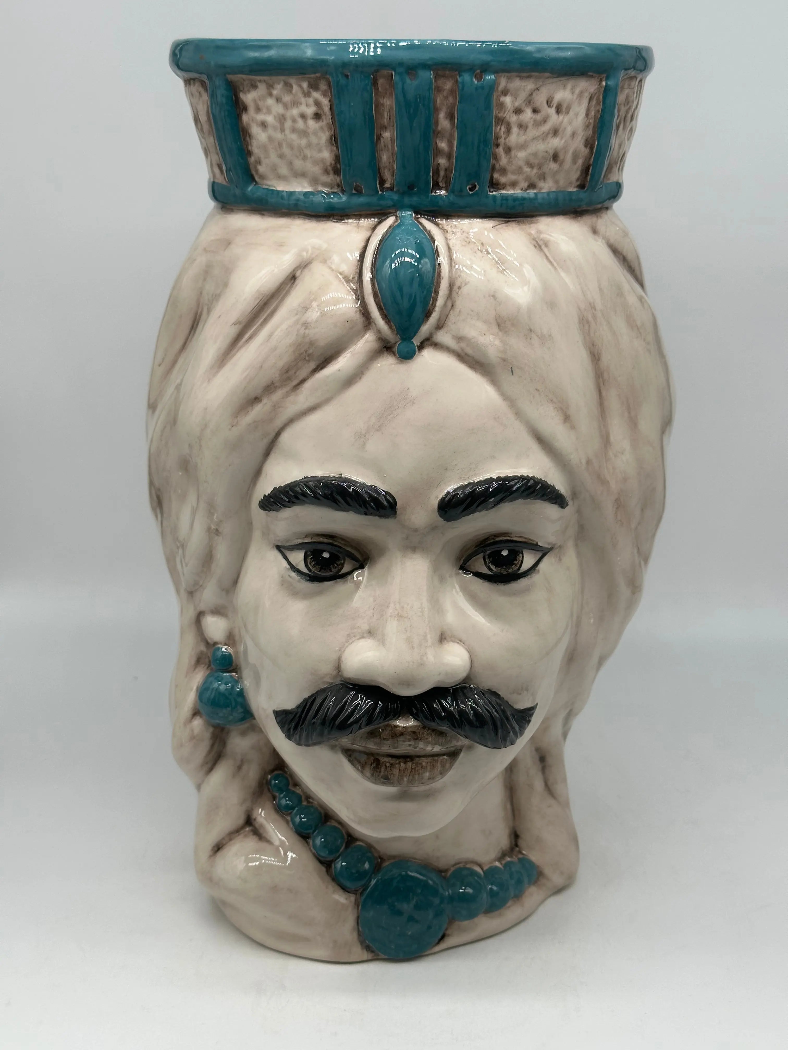 FINE SERIE - Testa di Moro Uomo Corona Retta Ceramica Caltagirone cm H.38 L.24 Artigianale dettagli Verde DD CERAMICHE SICILIANE