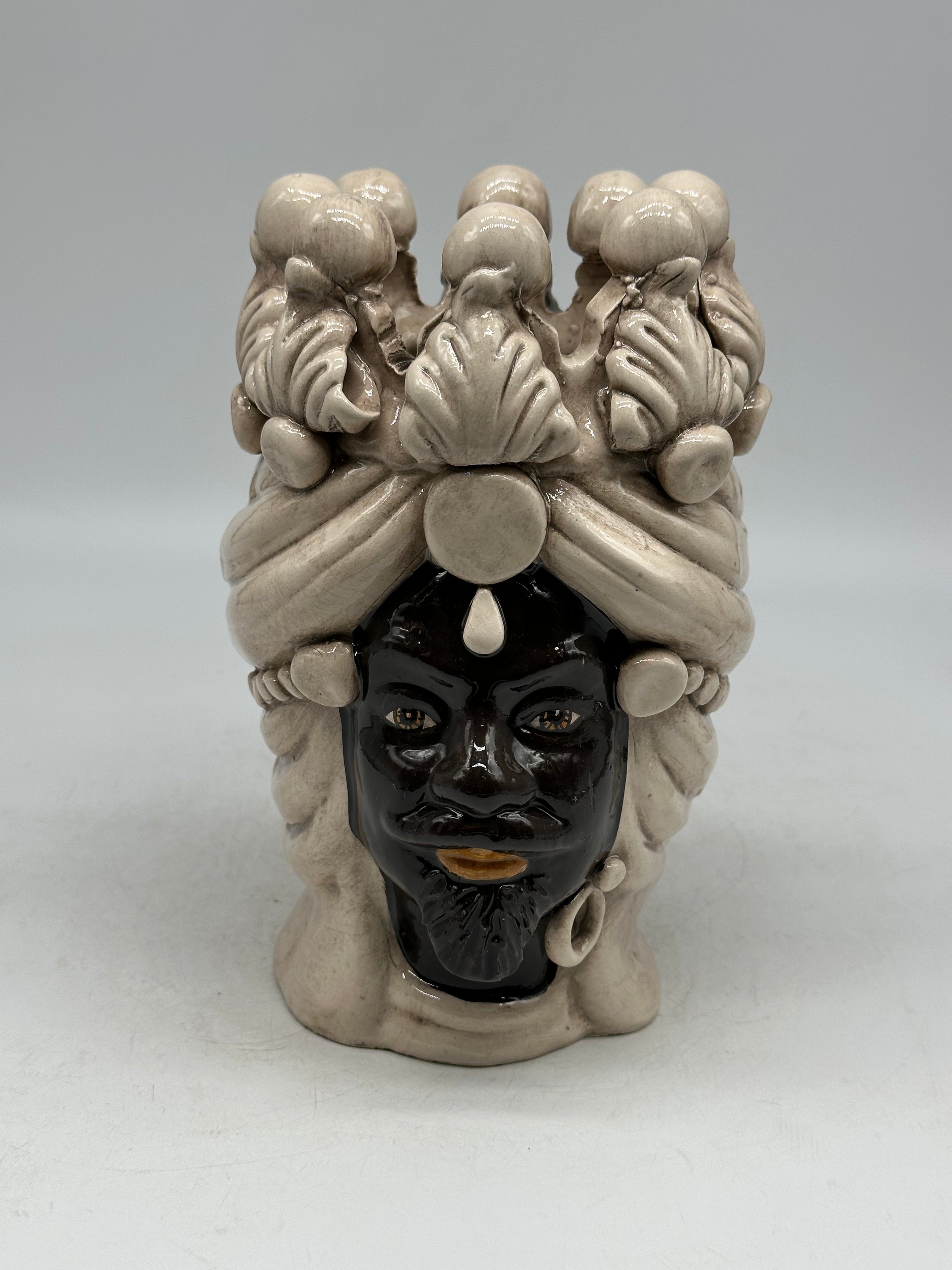 FINE SERIE - Testa di Moro Uomo Corona Sfere Avorio Ceramica Caltagirone cm H.20 L.12 Artigianale - TESTE DI MORO