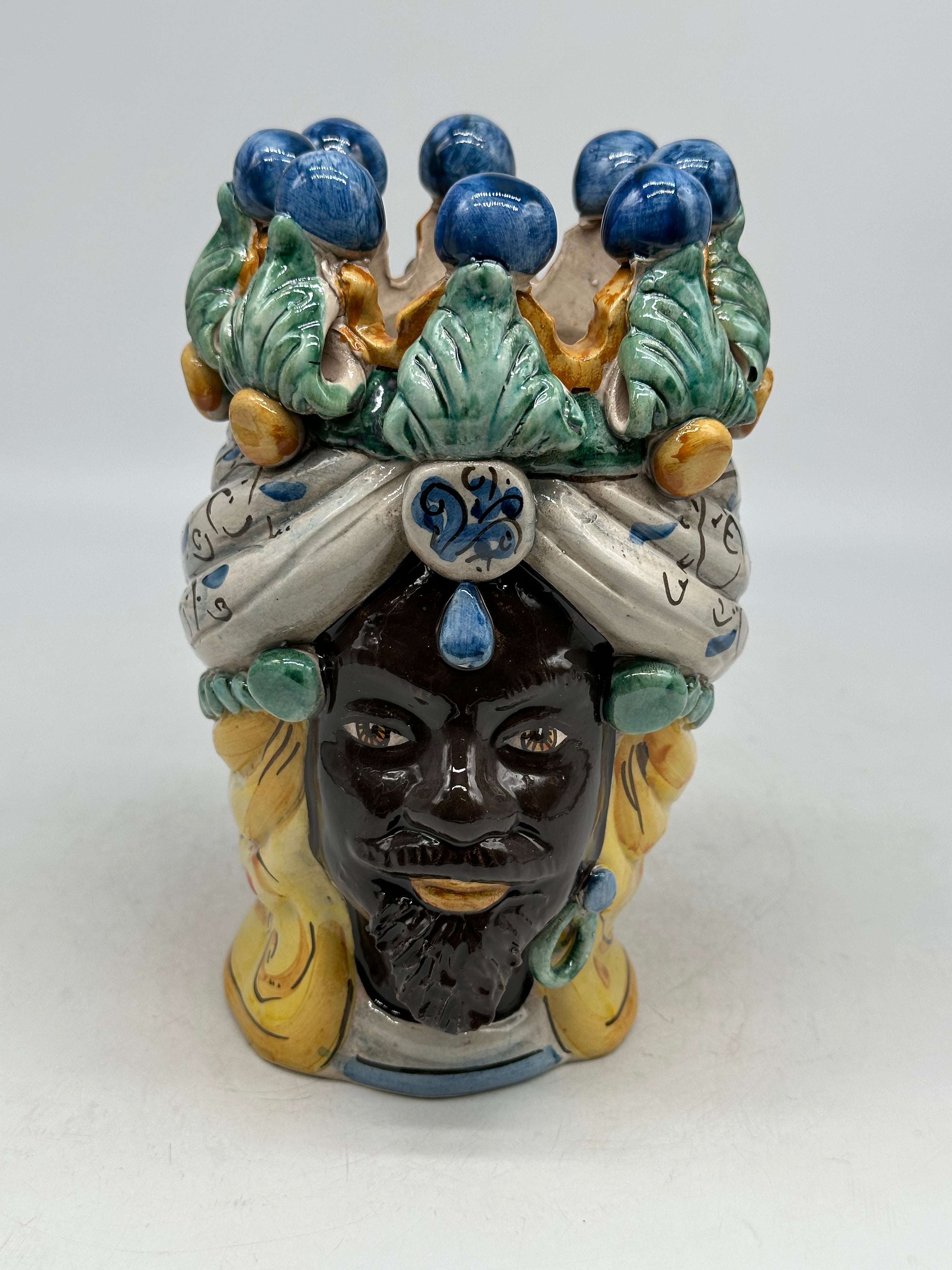FINE SERIE - Testa di Moro Uomo Corona Sfere Ceramica Caltagirone cm H.20 L.12 Artigianale Colorata - TESTE DI MORO