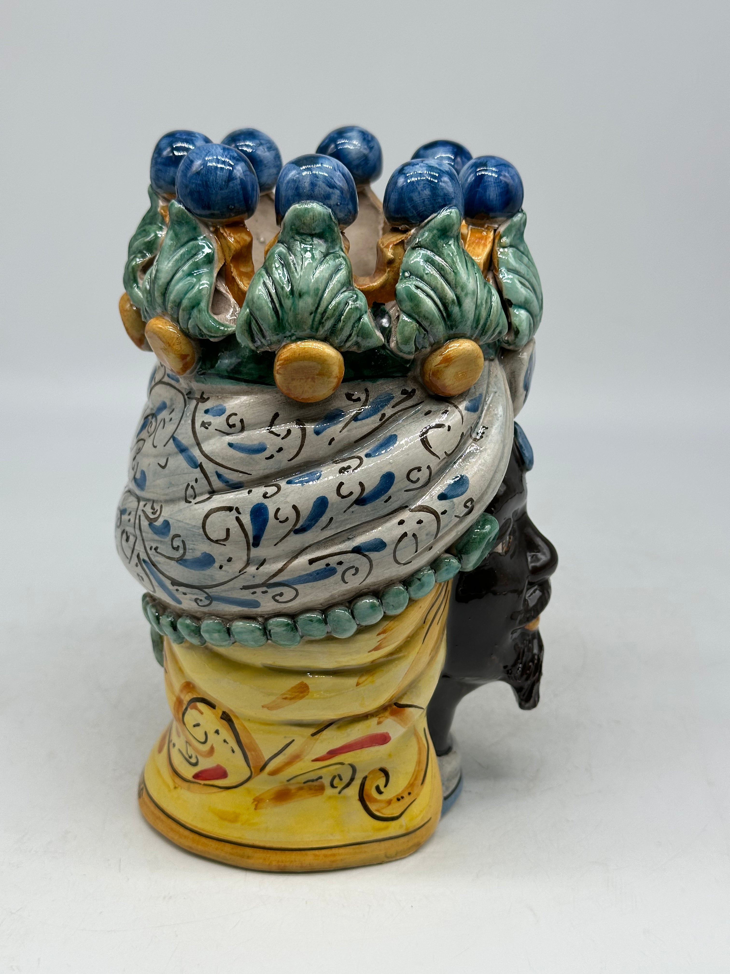 FINE SERIE - Testa di Moro Uomo Corona Sfere Ceramica Caltagirone cm H.20 L.12 Artigianale Colorata - TESTE DI MORO