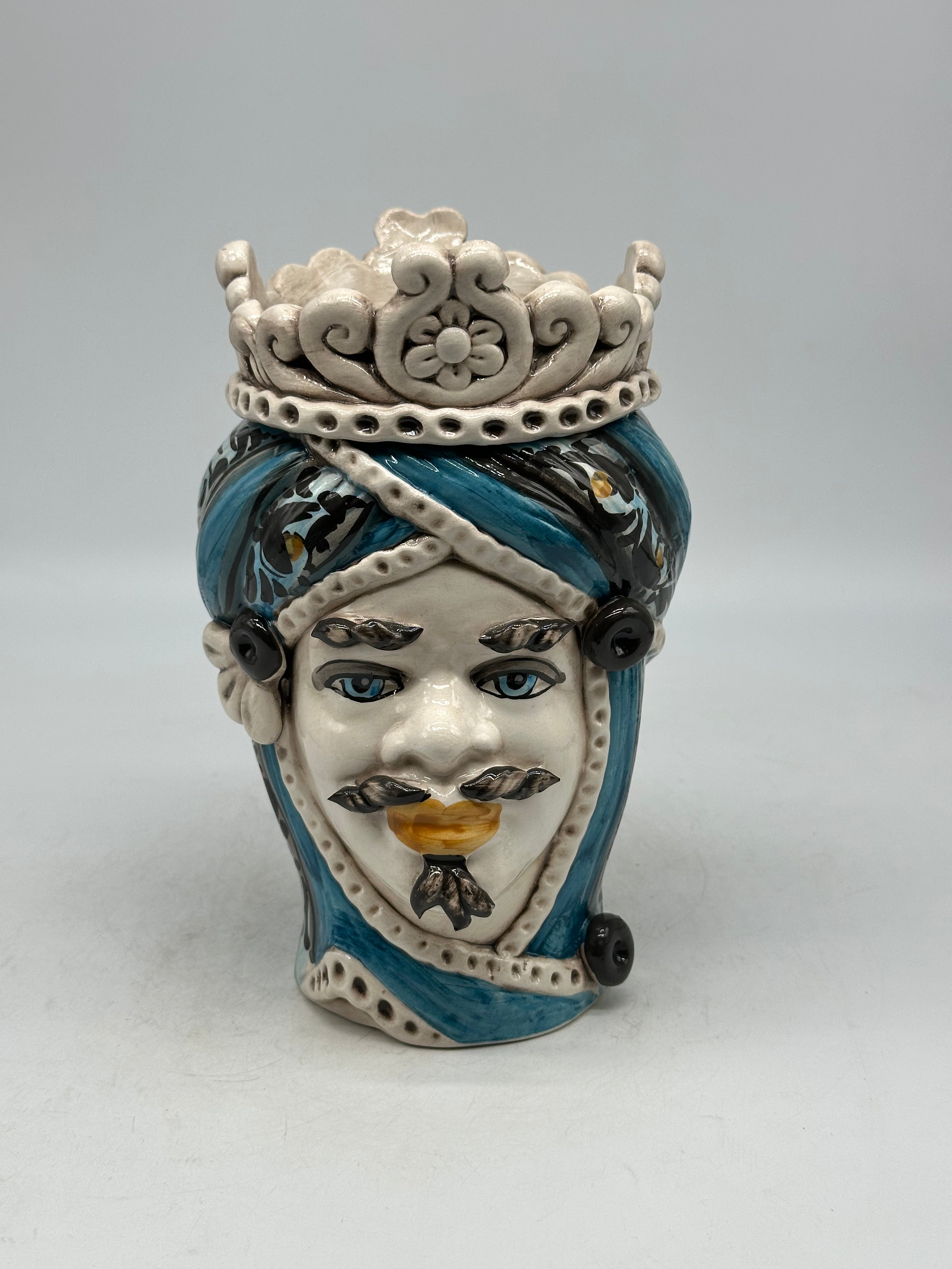 FINE SERIE - Testa di Moro Uomo Moresca Ceramica Caltagirone cm H.22 L.13 Artigianale Decorazione 2020 Blu - Re Bianco