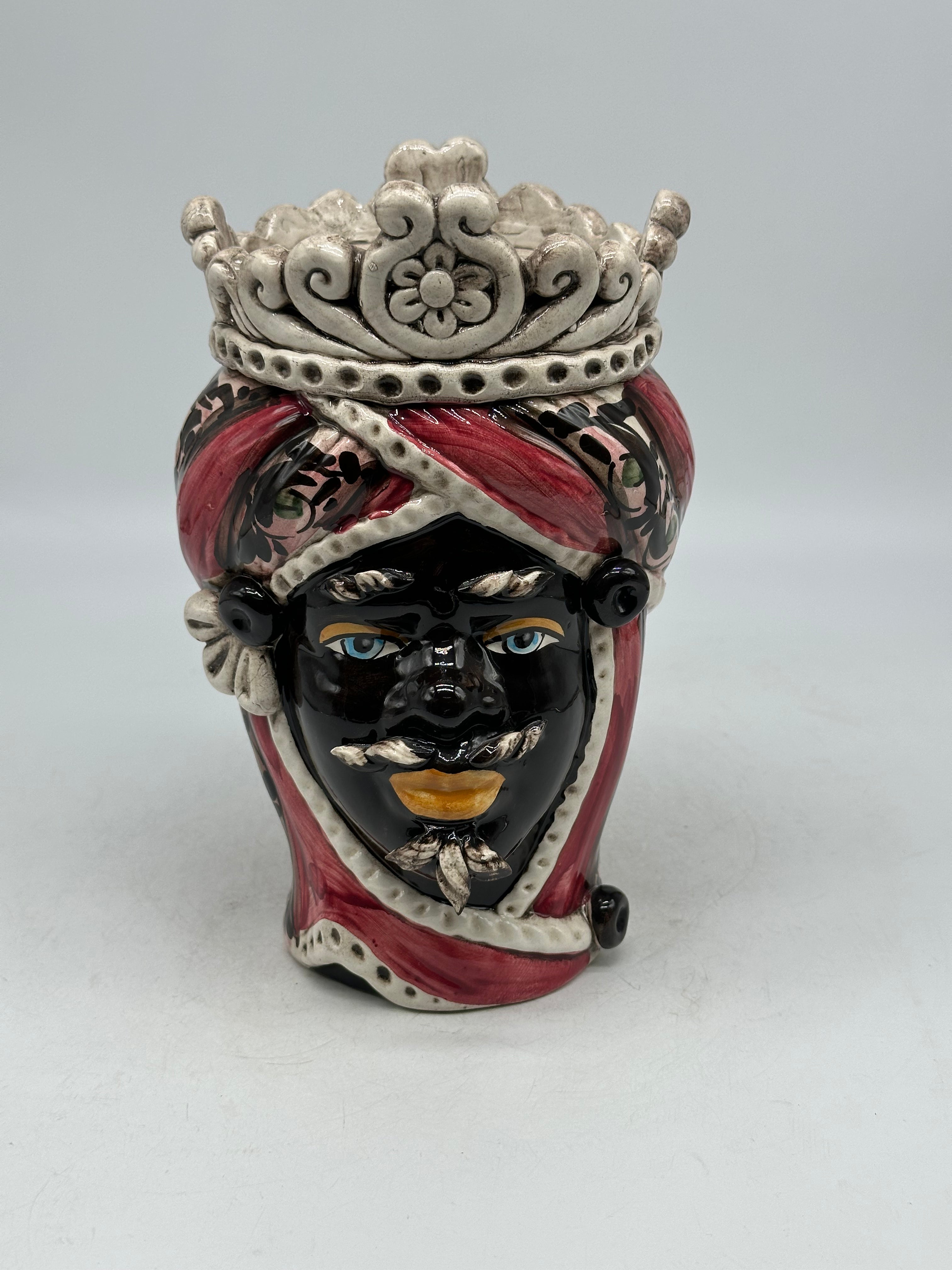 FINE SERIE - Testa di Moro Uomo Moresca Ceramica Caltagirone cm H.22 L.13 Artigianale Decorazione 2020 Rosa - Moro