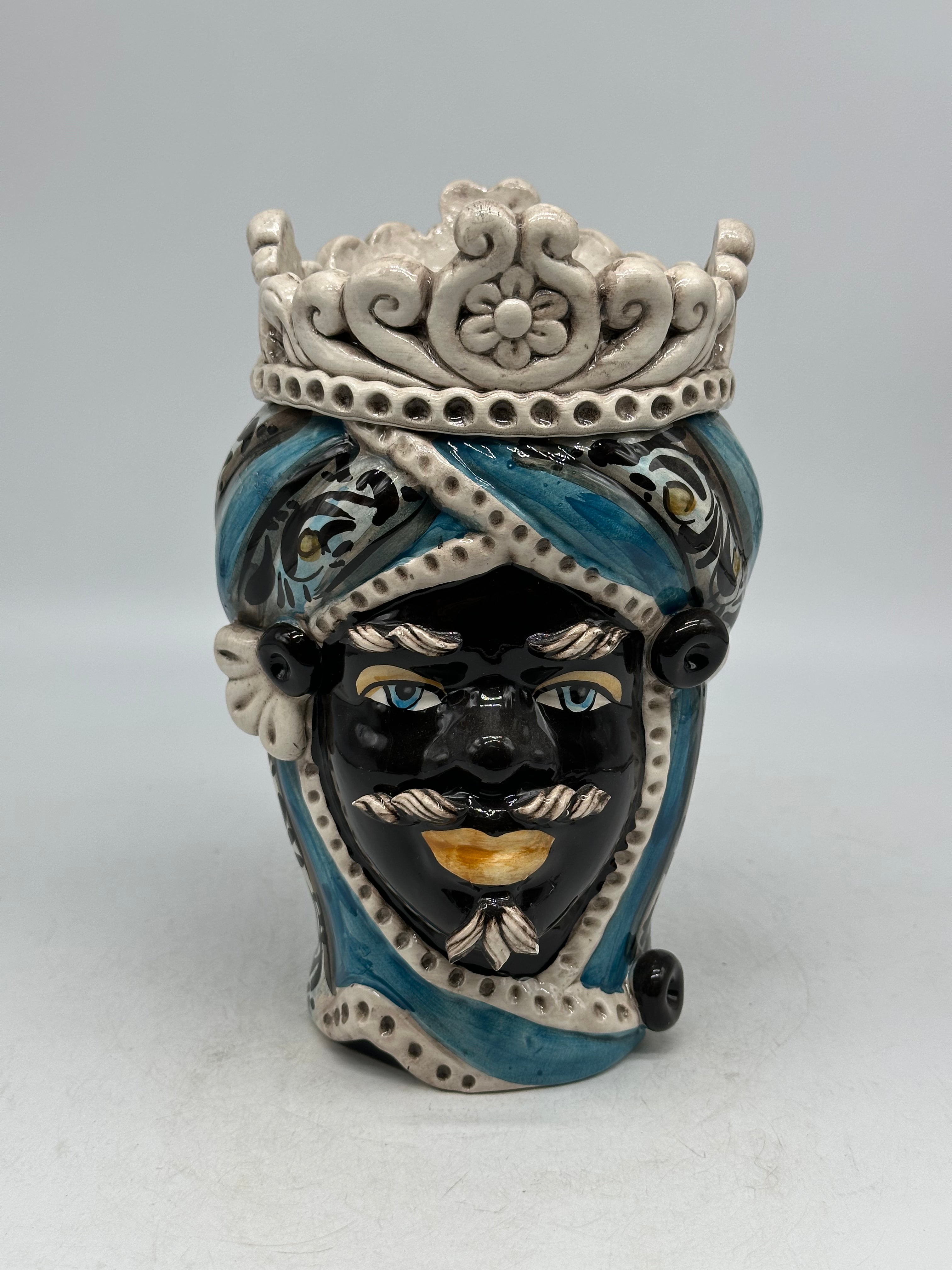 FINE SERIE - Testa di Moro Uomo Moresca Ceramica Caltagirone cm H.22 L.13 Artigianale Decorazione 2020 Blu - Moro